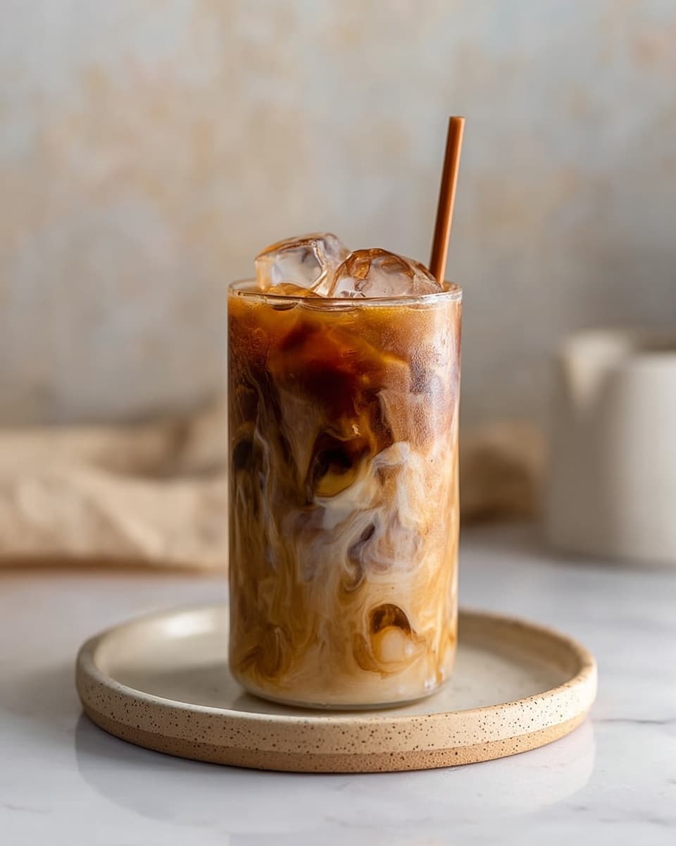 A tall clear glass is filled with iced coffee showing layers of dark brown coffee and light creamy swirls mixing together. Large ice cubes float at the top of the drink, giving a cool and refreshing look. A slim brown straw sticks out from the glass. The glass sits on a white plate with a speckled beige rim, placed on a white marbled surface. The background is softly blurred, with neutral light colors creating a warm and calm feeling. photo taken with an iphone --ar 4:5 --v 7