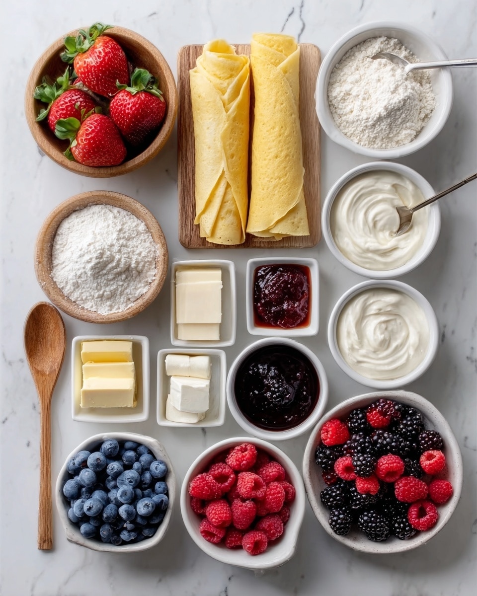 The image shows a white wooden surface with 12 bowls and containers neatly arranged in a grid. At the top center, there are three rolled yellow pancakes stacked side by side. To the left, a small round wooden bowl holds bright red strawberries with green leaves, and next to it is a wooden spoon with white flour. Below these are small white bowls containing butter blocks, white sugar, and milk. On the right side, a white bowl is filled with smooth, white cream. In the center are three small white bowls filled with blue blueberries, dark syrup, and dark purple jelly. The bottom row has two white bowls full of bright red raspberries and a larger white bowl filled with a mix of blackberries, blueberries, and raspberries. The entire arrangement is on a white marbled surface, creating a clean and fresh look. photo taken with an iphone --ar 4:5 --v 7