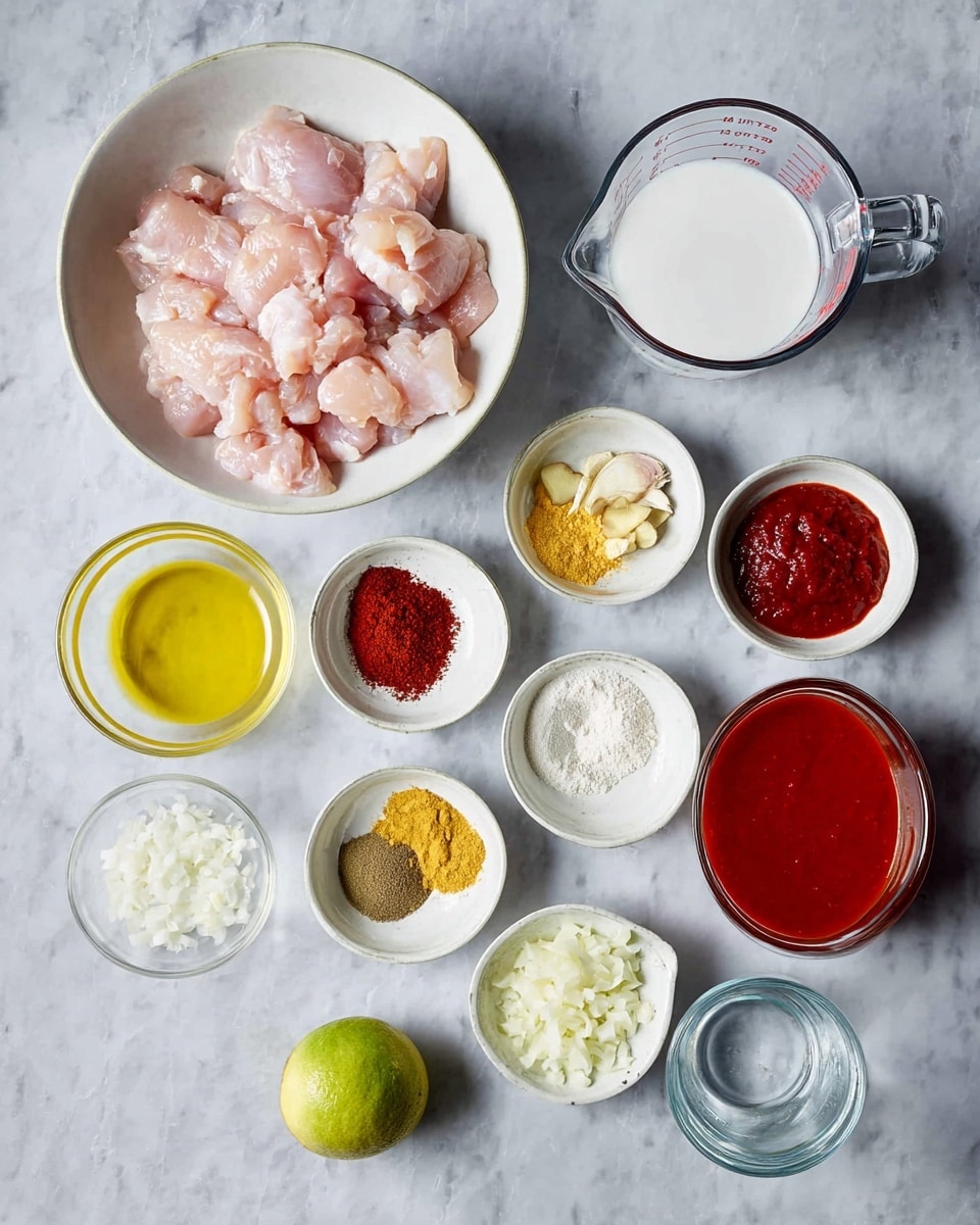A top view image shows several small white dishes and glass containers arranged neatly on a white marbled surface. The largest white bowl on the left holds raw light pink chicken pieces. Above it, a clear glass measuring cup contains a white liquid. To the right of the chicken bowl are smaller white dishes with deep red tomato paste, light brown ground spices, and finely grated yellow ginger. Below them, more white dishes hold chopped white onions, finely grated garlic, and a small mound of white salt. A half lime with bright green skin and pale green inside is placed near the middle right. On the bottom left, a small clear glass bowl contains yellow oil, and beside it, a glass cup is filled with smooth red tomato sauce. A small clear glass container next to the lime holds clear liquid, most likely water. The composition is clean, with all ingredients clearly visible and organized. photo taken with an iphone --ar 4:5 --v 7