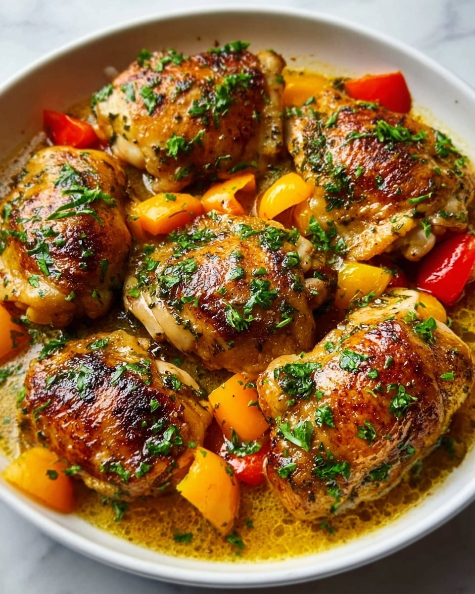 A white dish filled with six golden brown cooked chicken thighs, each with a crispy skin and sprinkled with chopped green herbs. Around the chicken pieces, there are small bright yellow and orange bell pepper pieces. A light sauce with a shiny texture fills the dish, mixing with the chicken juices. The chicken and peppers look juicy and well-seasoned, resting in the white dish on a white marbled surface. Photo taken with an iphone --ar 4:5 --v 7