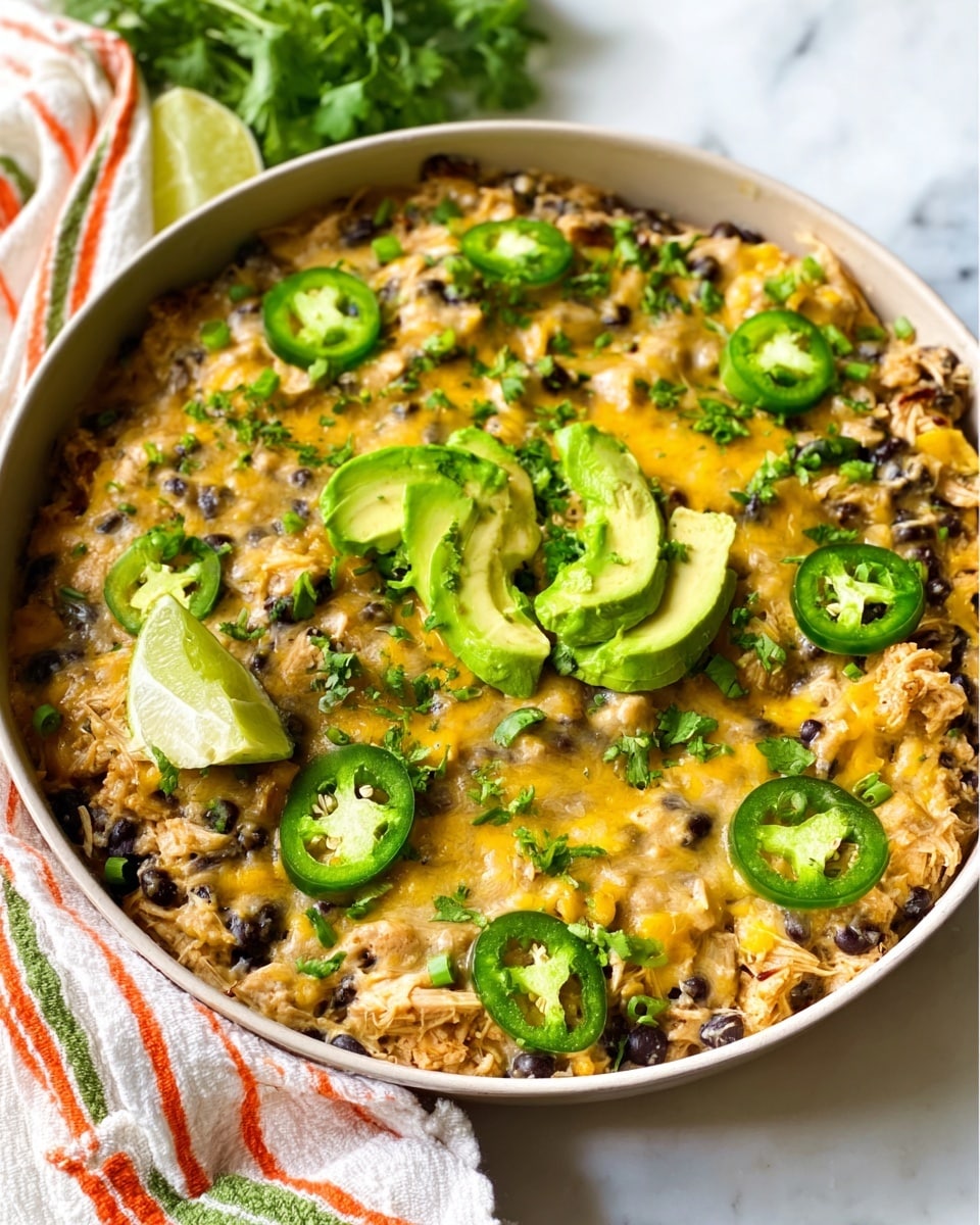 A round white bowl filled with a layered Mexican-style dish. The bottom layer is a mix of cooked black beans and shredded chicken covered with melted golden-yellow cheese. On top, there are slices of bright green avocado and thin rounds of fresh jalapeño peppers scattered evenly. Sprinkled throughout are chopped fresh green herbs, adding texture and color. A lime wedge rests on the side of the bowl. The scene is set on a white marbled surface, and a white cloth with orange and green stripes is partially visible in the background. photo taken with an iphone --ar 4:5 --v 7