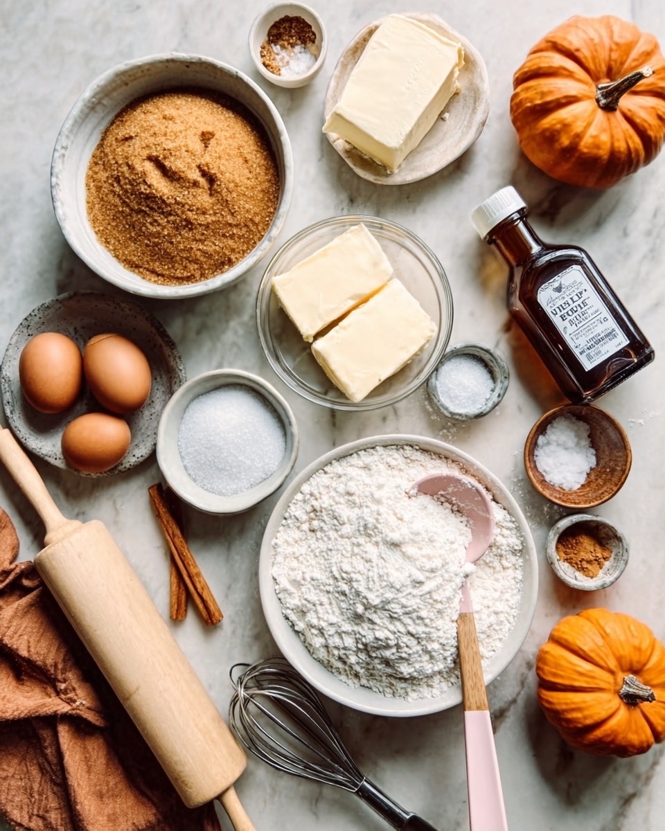 The image shows a top-down view of baking ingredients arranged neatly on a white marbled surface. There is a white bowl filled with brown sugar sitting next to a small glass bowl of white sugar. Two sticks of butter lie side by side on the surface, while a small white bowl contains cinnamon powder. Nearby, a larger white bowl holds flour with a pink silicone spatula resting inside it. Three brown eggs lie next to a bottle of vanilla extract with a wooden rolling pin diagonally placed underneath. Small white bowls hold salt and another thin brown spice beside a metal measuring spoon. Small orange pumpkins decorate the corners of the image, adding an autumn feel. Woman's hand is not visible. The light is natural and soft, giving a warm atmosphere. photo taken with an iphone --ar 4:5 --v 7