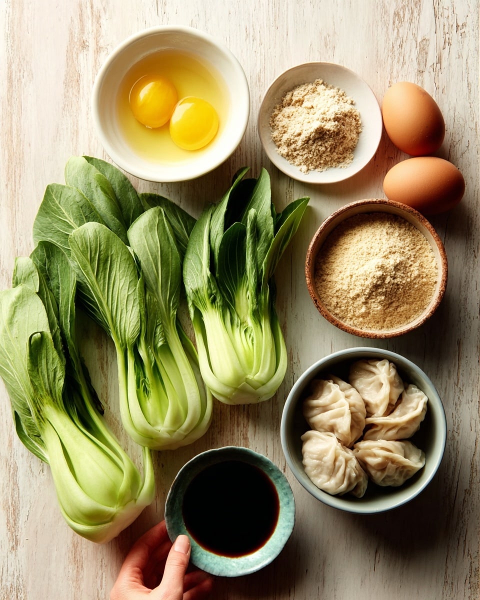 The image shows ingredients arranged neatly on a white marbled surface. On the left are three fresh green bok choy with a smooth texture and layered leaves. Near the top left is a small white bowl with a bright yellow liquid, likely egg yolk. Next to it is another small white bowl filled with a light brown powder. To the right, there is a small white bowl containing a beige mixture with a slightly chunky texture. Two brown eggs rest beside this bowl. Near the center-bottom, there is a small white bowl filled with a dark soy sauce-like liquid. To the right bottom, a white bowl holds four pale beige dumplings with soft, slightly wrinkled skins. A woman's hand is gently touching the bok choy leaves. Photo taken with an iphone --ar 4:5 --v 7