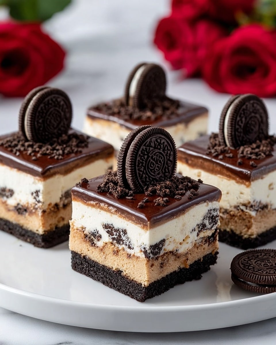This image shows six square dessert pieces on a white plate, each with four clear layers. The bottom layer is dark and crumbly like crushed cookies. Above that is a light brown, smooth cake layer. The third layer is thick, white, and creamy with dark cookie bits inside. The top layer is a shiny, dark chocolate glaze sprinkled with tiny dark crumbs. Each piece has a whole Oreo cookie standing vertically on top in the center. The plate sits on a white marbled surface, and there are red roses blurred in the background. A single Oreo cookie lies next to the plate. Photo taken with an iphone --ar 4:5 --v 7