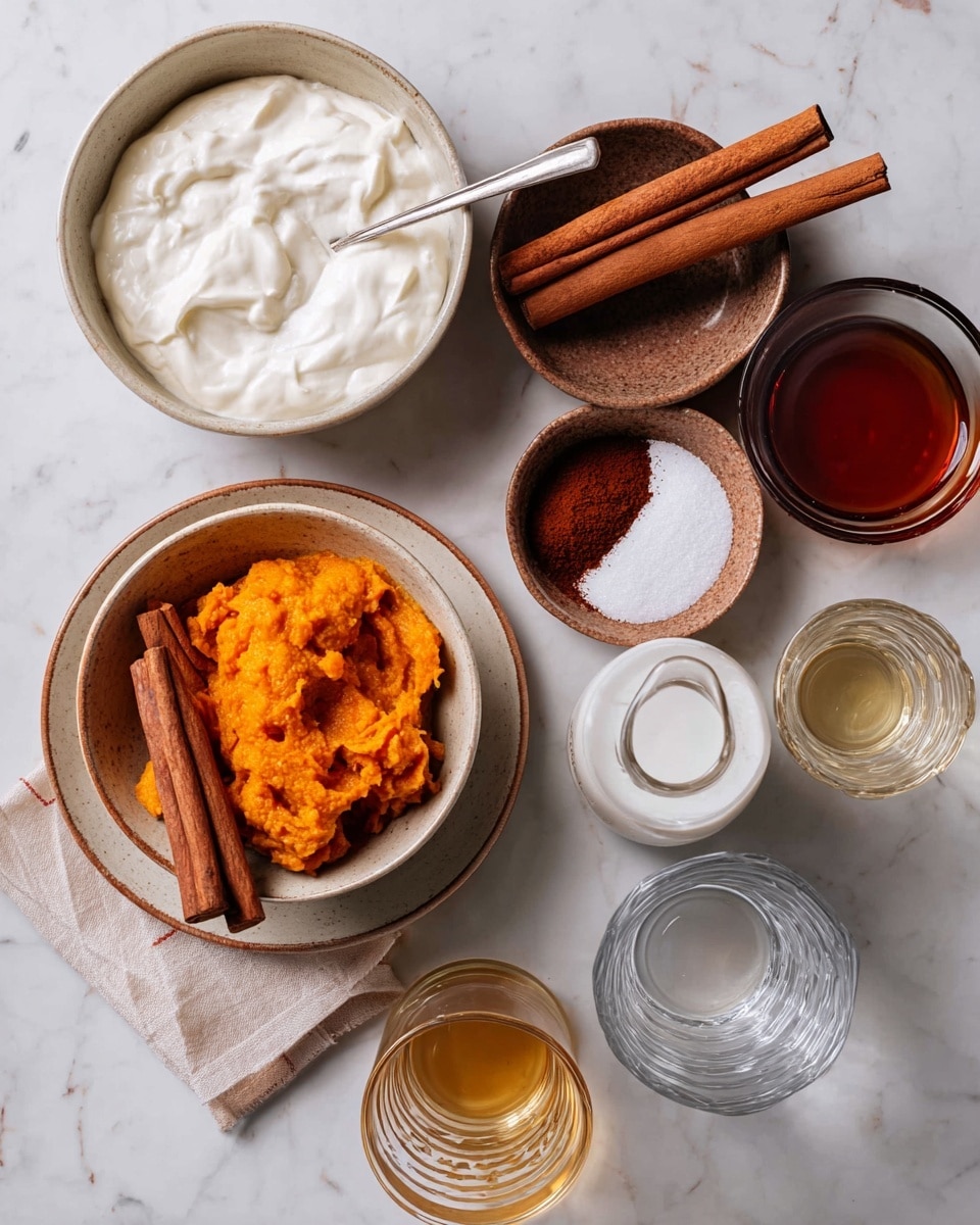A flat lay showing several ingredients arranged on a white marbled texture. There is a white bowl filled with smooth white cream and a silver spoon inside. Below it to the left, an off-white plate holds a brown bowl with bright orange mashed pumpkin, two cinnamon sticks, a small clay bowl with a dark brown powder, and a small clay bowl with white granulated sugar. Next to the plate, there is a small glass jug with white liquid, a small glass with light brown liquid, a glass jug with dark amber syrup, and two empty clear glass cups. photo taken with an iphone --ar 4:5 --v 7