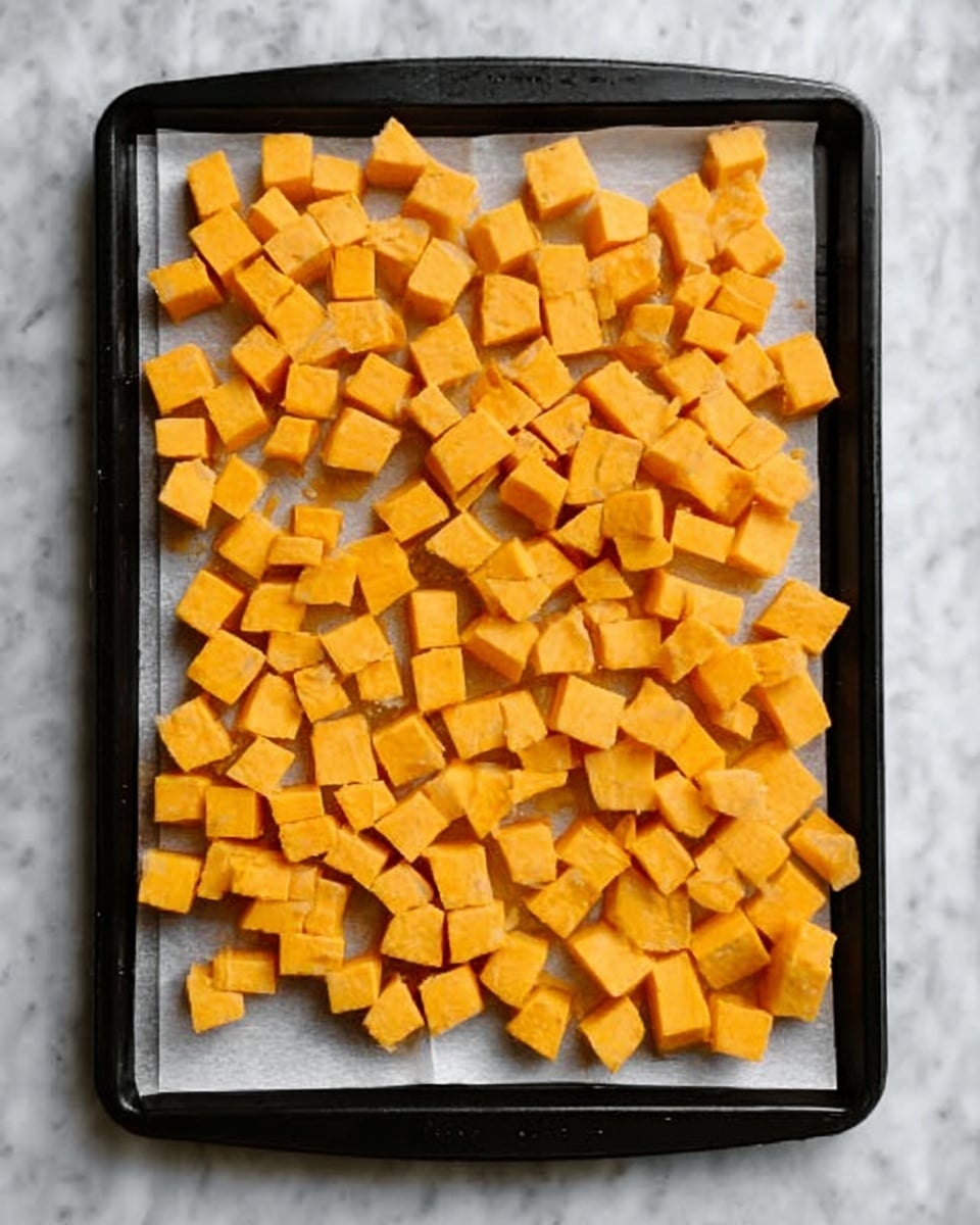 The image shows a black baking tray lined with white parchment paper, filled with many small, evenly cut cubes of orange sweet potatoes spread out in one layer. The baking tray is placed on a surface with a white marbled texture. The cubes have a smooth texture and a bright orange color. photo taken with an iphone --ar 4:5 --v 7