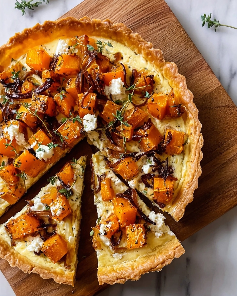 A round tart with a golden brown crust sits on a wooden board, sliced into three triangular pieces. The tart has a creamy light yellow base layer topped with bright orange cubes of roasted squash, thin strands of caramelized dark brown onions, and small dollops of white cheese. Tiny green herb sprigs are scattered on top as garnish. The wooden board rests on a white marbled surface. Photo taken with an iphone --ar 4:5 --v 7