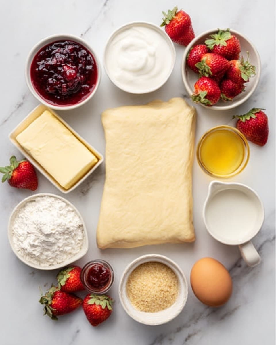 A white marble surface displays a rectangular sheet of smooth, pale dough in the center. Around it, arranged in a loose circle, are small white bowls and containers: a white bowl of deep red jam with visible seeds, a white bowl of creamy white spread, a white cup of white sugar, a white cup of milk, a small white dish with a roughly square piece of pale yellow butter, a glass cup of light golden honey, a small white bowl of light brown granulated sugar, a small white bowl of finely chopped golden brown nuts, a brown egg, and a white bowl filled with white flour. Fresh red strawberries with green leaves are scattered around adding bright color spots, all sitting on a clean white marbled surface photo taken with an iphone --ar 4:5 --v 7