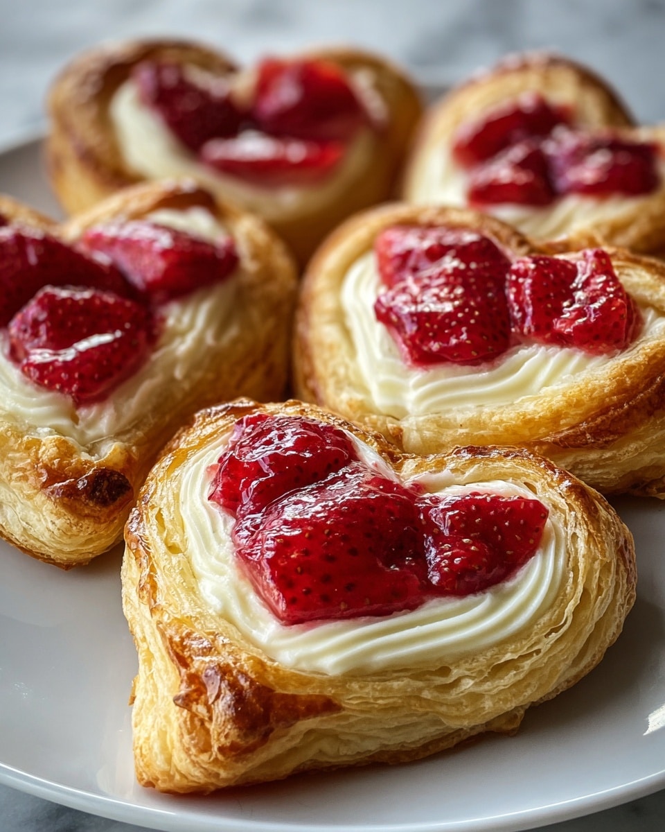 The image shows several heart-shaped pastries on a white plate, each with three layers: the bottom layer is golden brown flaky puff pastry with visible airy layers, the middle layer is creamy white filling swirled close to the edges inside the pastry, and the top layer consists of a shiny red strawberry topping with pieces of strawberries covered in a glaze. The pastries are arranged closely together on the plate, which sits on a white marbled surface. Photo taken with an iphone --ar 4:5 --v 7