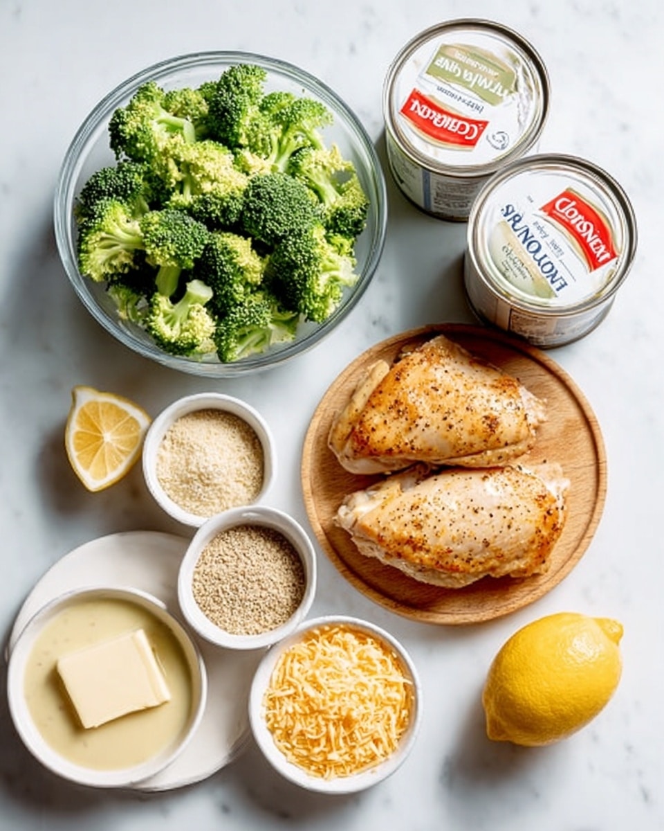 The image shows a clean white marbled surface with several ingredients arranged neatly. At the center left, there is a clear glass bowl filled with fresh, green broccoli florets. To the right of the bowl, there are two white cans of cream of mushroom soup, positioned slightly stacked. Above the soup cans, a round wooden board holds two cooked, lightly browned chicken pieces with a subtle seasoning on top. Around these main items are small white bowls containing a light brown crumb mixture, a small amount of seasoning, and grated orange cheese. A square piece of pale yellow butter is placed on a white plate near the bottom left, with half a lemon with a bright yellow color also on the surface nearby. A woman's hand is poised near one of the bowls. The whole scene is crisp and well-lit, photo taken with an iphone --ar 4:5 --v 7