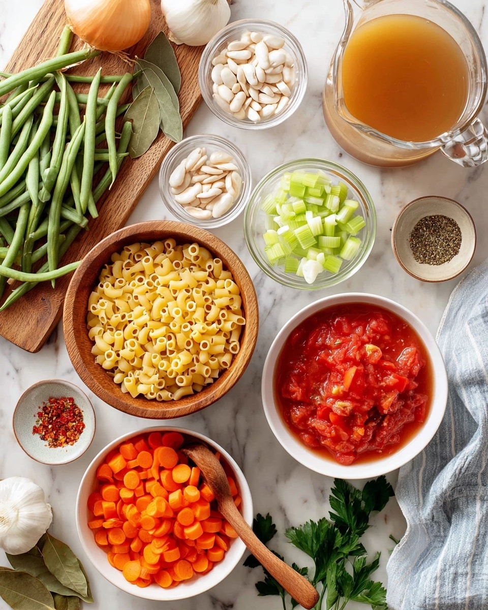 The image shows a white marbled background with several ingredients arranged neatly. In the center is a wooden bowl filled with small yellow pasta tubes and a wooden spoon resting inside. Around it, there are small clear glass bowls containing white beans and sliced light green celery. On the right side, a white bowl holds bright orange sliced carrots, and another white bowl next to it is filled with red chopped tomatoes in juice, partly covered by a light blue and white striped cloth. A clear glass pitcher containing light brown broth is at the top right. On the left side, fresh green beans lie on a wooden cutting board with a whole yellow onion and garlic cloves nearby. There are also small round bowls with dried herbs, red pepper flakes, and small green seeds, along with two light brown bay leaves and sprigs of fresh green parsley. Photo taken with an iphone --ar 4:5 --v 7
