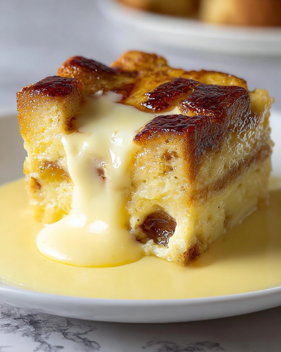 The image shows a close-up of a single square piece of bread pudding with a burnt golden-brown top layer, soft and spongy light yellow middle layers, and a creamy sauce flowing down its sides into a white plate. The bread pudding has visible air pockets in the soft parts, with the caramelized top looking crispy and shiny. The creamy sauce is thick, pale yellow, pooling around the base of the pudding. The background is blurred, with a white marbled surface. Photo taken with an iphone --ar 4:5 --v 7