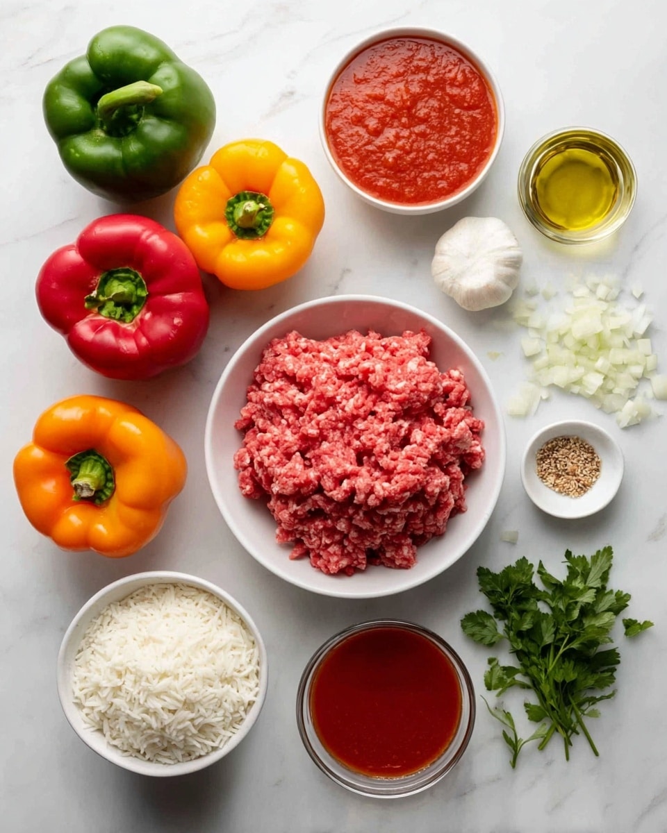 A white bowl filled with fresh ground meat sits in the center of a white marbled surface, surrounded by colorful whole bell peppers in green, red, orange, and yellow hues. To the left, there is a small white bowl of white rice, while to the right, a larger white bowl holds a smooth red tomato sauce. Small white dishes contain various spices and seasonings such as garlic, oil, and small seeds, and a pile of chopped white onion is placed near the tomato sauce. Fresh green herbs lie on the upper right side, completing the array of ingredients. The scene is bright and simple, showing all elements clearly arranged. photo taken with an iphone --ar 4:5 --v 7