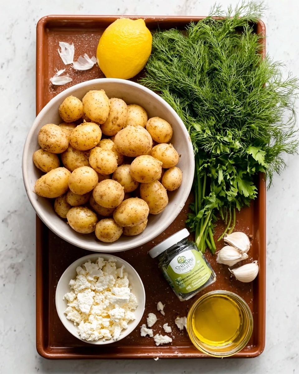 A white bowl filled with many small light brown potatoes sits on a brown tray. On the tray near the bowl, there is a bright yellow lemon and a small white bowl holding soft white cheese crumbles. Next to the cheese, there is a bunch of fresh green parsley and dill. A small glass jar with a green and white label is also on the tray, along with a few white garlic cloves. A small container of yellow oil, likely olive oil, adds a shiny texture to the tray. The tray is placed on a white marbled surface. Photo taken with an iphone --ar 4:5 --v 7