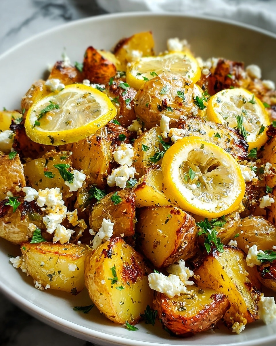 The image shows a dish in a white bowl filled with golden roasted potato pieces that are slightly browned and crispy on the edges. Scattered on top are thin, translucent lemon slices with a shiny, juicy texture. Small white crumbles of feta cheese are spread unevenly over the potatoes and lemon, adding a soft, crumbly texture. Fresh green parsley leaves are sprinkled throughout, giving color contrast and a fresh look. The potatoes have a slightly oily sheen with visible herbs and seasoning, creating a rich and appetizing appearance. The bowl sits on a white marbled surface photo taken with an iphone --ar 4:5 --v 7