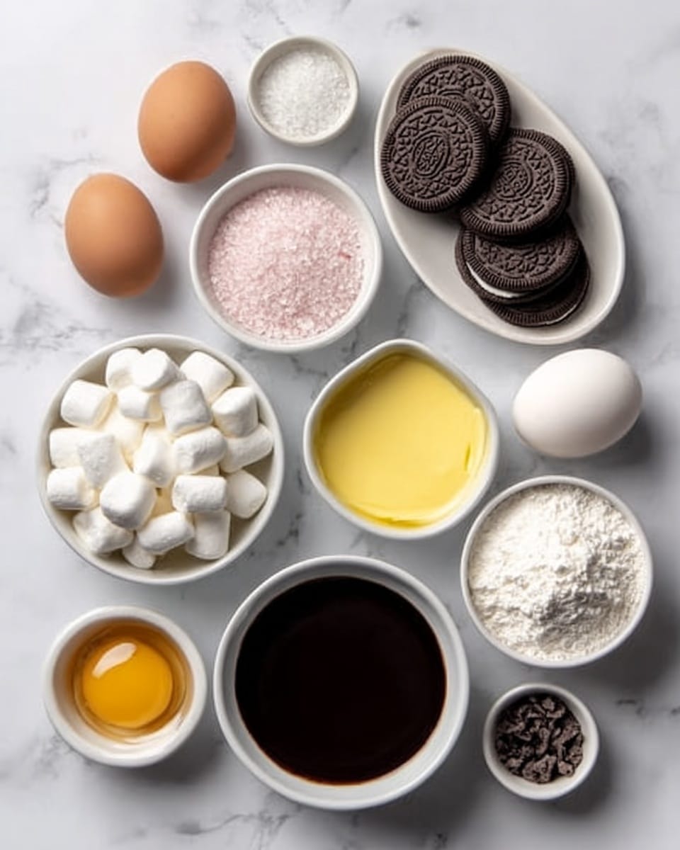 The image shows a white marbled surface with various baking ingredients arranged neatly in white bowls and small white dishes. There are two brown eggs placed directly on the surface. The ingredients include a bowl of white flour, a bowl filled with white mini marshmallows, a small bowl with yellow melted butter, a small bowl with dark chocolate chunks, a small bowl with crushed chocolate cookies, a small bowl with pink powder, and a dark brown liquid in a white bowl. Everything is placed with clear space between each item, creating an organized, clean look. Photo taken with an iphone --ar 4:5 --v 7