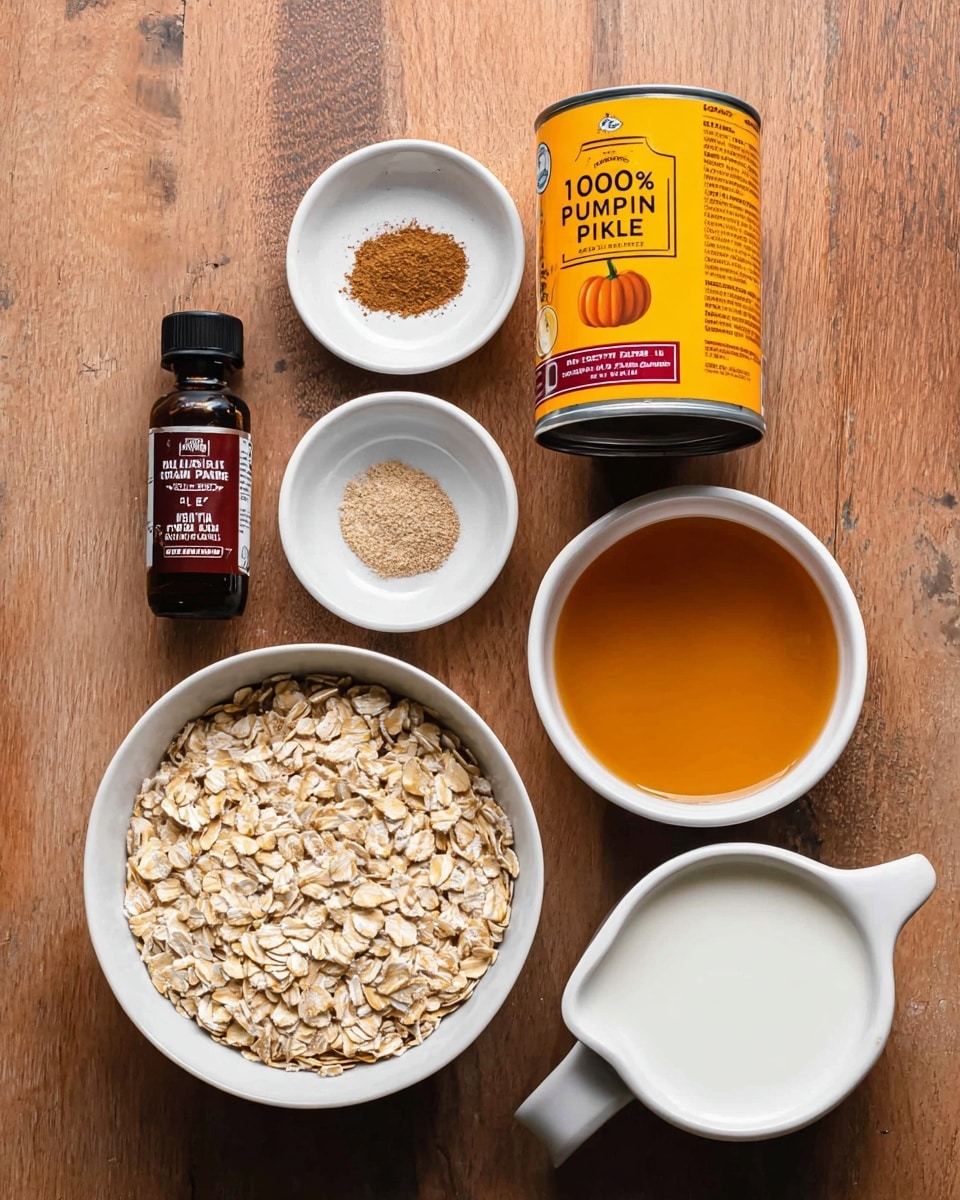 The image shows six ingredients placed neatly on a white marbled surface in a flat lay style. Starting from the center, there is a white bowl filled with rolled oats, showing a light brown and beige color with rough texture. To its top right, a small white bowl holds a golden brown liquid, smooth and shiny in texture. To the top left, there is another small white bowl with three spices arranged separately: white salt, light brown cinnamon, and a darker brown spice, all finely ground. Below and to the right of the oats is a bright yellow can of pumpkin with red and white labels. Below and to the left of the oats is a clear glass measuring cup filled halfway with white milk. To the left of the oats is a dark bottle with a red label reading
