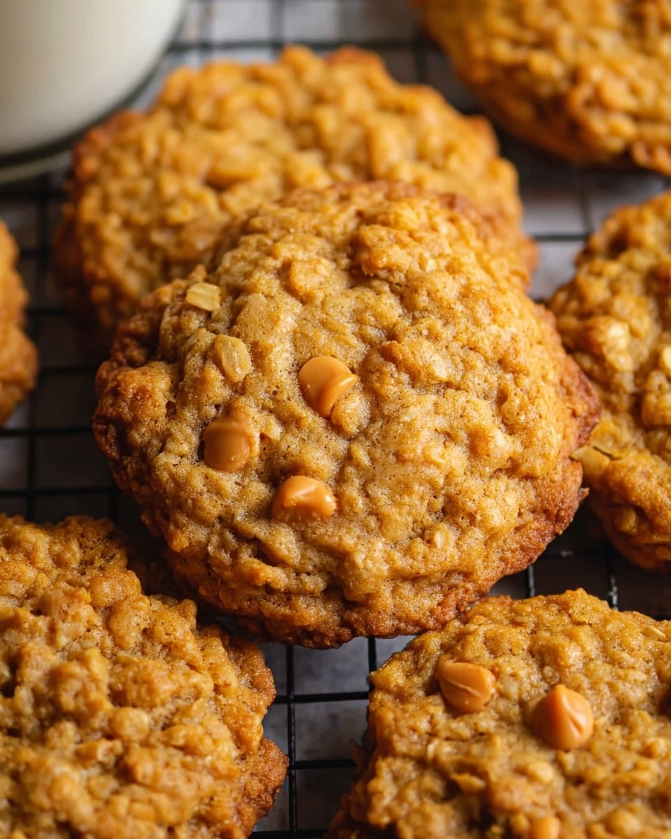 A close-up view of an oatmeal cookie with light brown color and a rough texture from the oats, studded with cream-colored butterscotch chips spread unevenly across its top. The cookie is thick with an irregular edge, and on a black wire cooling rack with other similar cookies slightly out of focus around it. Behind the cookies, a blurred white cup filled with milk can be seen. The whole scene rests on a white marbled surface. photo taken with an iphone --ar 4:5 --v 7
