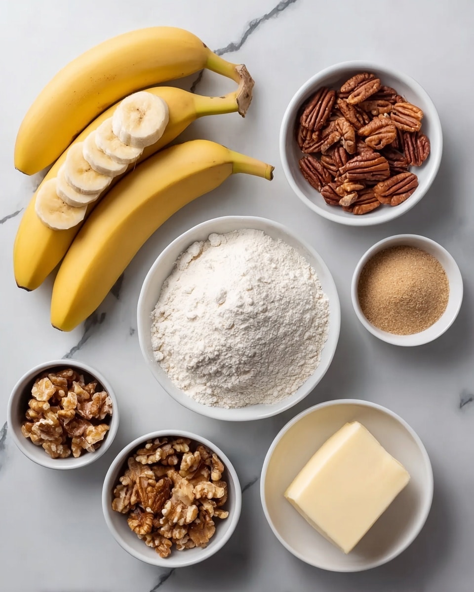 The image shows a flat lay of baking ingredients arranged on a white marbled surface. There are three whole yellow bananas with five banana slices placed on top of one banana, located on the left side. Surrounding the bananas are six small white bowls: the largest holds a mound of white flour in the center, a smaller bowl at the bottom left is filled with mixed walnuts and pecans, a bowl on the top right contains pecans, another bowl above the flour has brown sugar, and a small bowl next to that has white sugar. The bottom right bowl holds a block of butter on a small pool of cream or milk. All items are clearly separated, well lit, and neatly arranged. Photo taken with an iphone --ar 4:5 --v 7