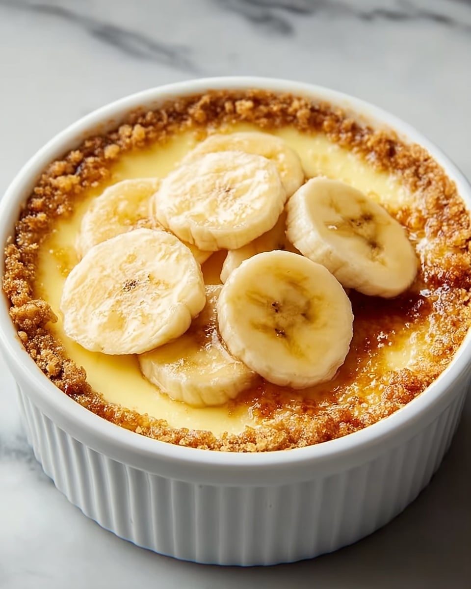 The image shows a white round ramekin filled with a dessert made of three visible layers. The bottom layer is a light yellow creamy custard with a smooth texture. The middle layer around the edges is a crunchy golden-brown crust that looks crispy and crumbly. On top, there are six slices of banana, evenly spaced in a circular pattern, slightly shiny with a light glaze that adds a subtle gloss. The ramekin is placed on a white marbled surface. photo taken with an iphone --ar 4:5 --v 7