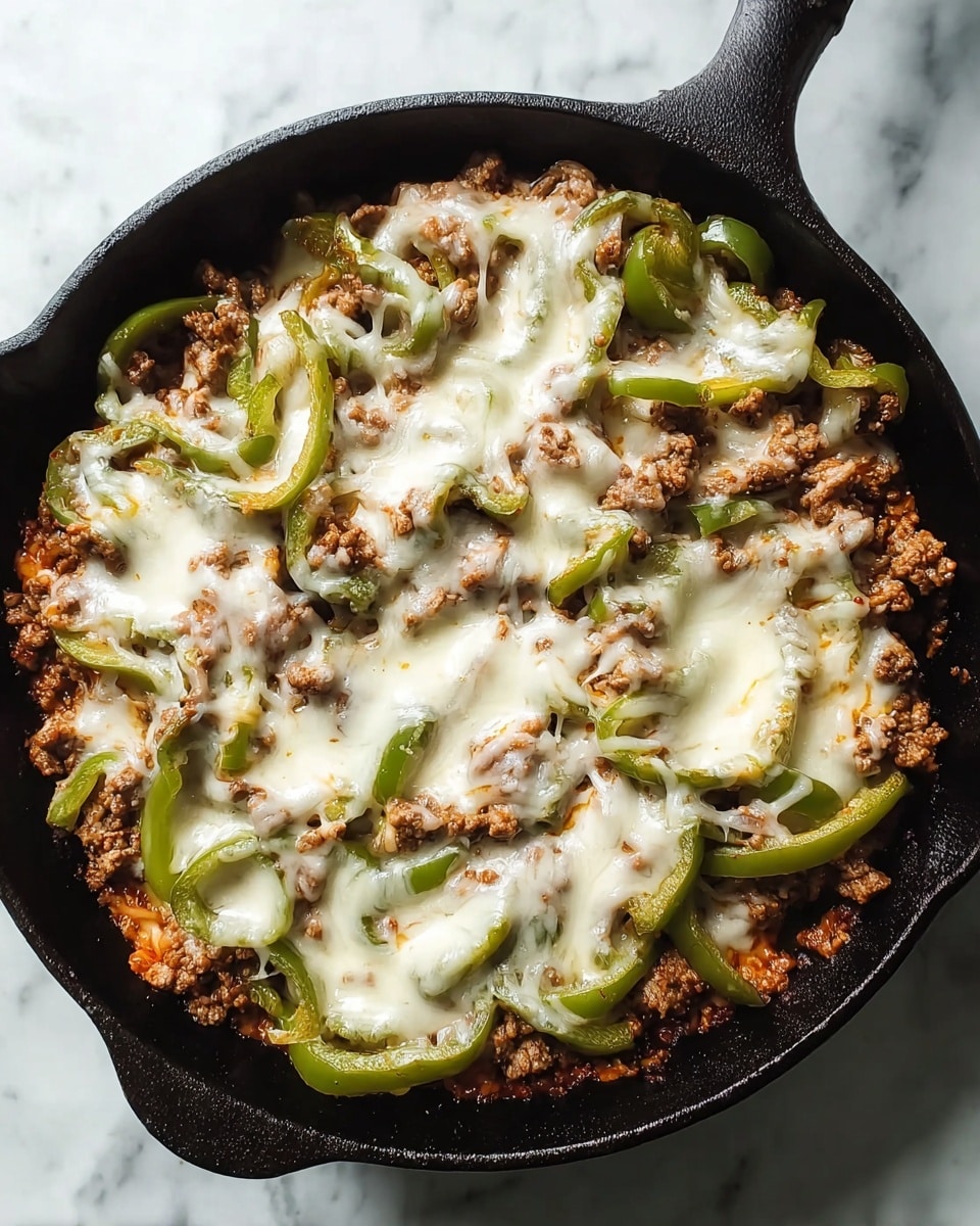 A black cast iron skillet filled with one layer of cooked ground meat mixed with sautéed green bell pepper slices evenly spread across the skillet's surface, topped with a melted white cheese layer that looks soft and a little stringy, partially covering the meat and peppers but allowing their color and texture to show through; the skillet sits on a white marbled surface. photo taken with an iphone --ar 4:5 --v 7
