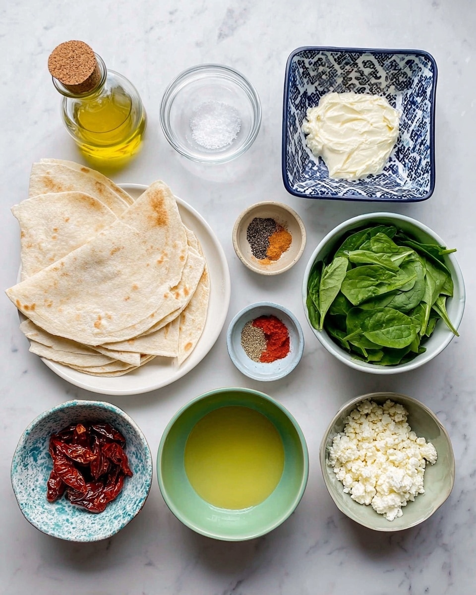 The image shows a set of ingredients neatly arranged on a white marbled surface. On the left, there are several folded tortilla wraps placed on a white plate. To the upper left are a glass bottle of olive oil with a cork stopper and a small bowl of salt. In the center top is a square bowl with a blue pattern, filled with creamy white spread. Moving right, there is a bowl of fresh green spinach leaves. Below that, a green bowl holds a yellowish liquid, likely eggs. In the middle row left side is a small white bowl with two red paste pieces, and next to it, a blue patterned bowl with a mix of black and white spices. On the right of these, a grey-green bowl contains crumbled white cheese. At the bottom right, a speckled white bowl holds sun-dried tomatoes that are dark red and textured. All items are in bowls or plates with clear colors and textures making the ingredients easy to identify photo taken with an iphone --ar 4:5 --v 7