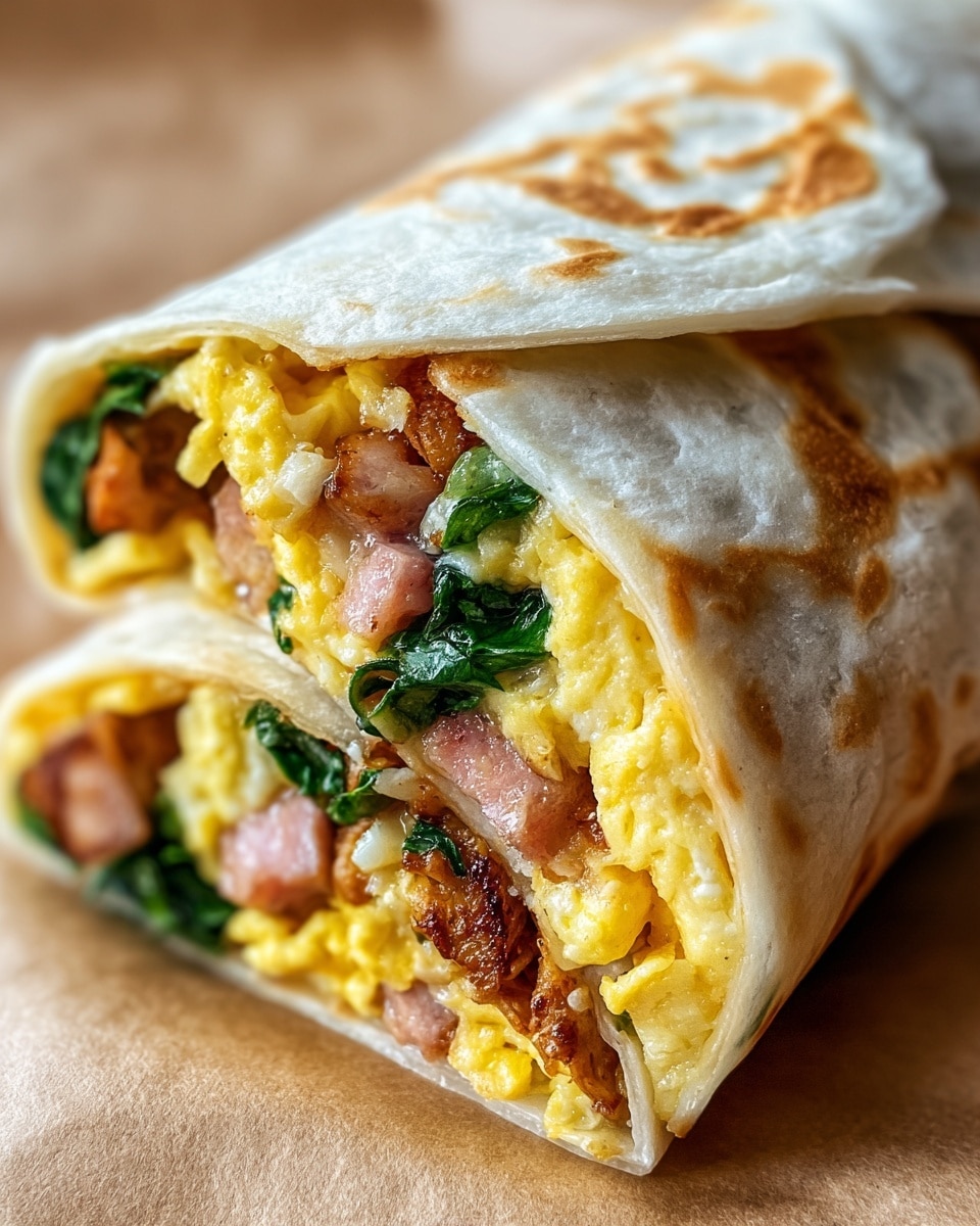 A close-up of a wrapped breakfast burrito shows a soft, white tortilla with light brown grilled spots, folded to reveal its filling. Inside, layers include fluffy yellow scrambled eggs, pinkish chunks of cooked meat, and bright green leafy vegetables. Small bits of melted white cheese peek through, adding a creamy texture between the ingredients. The burrito rests on a light brown paper background. photo taken with an iphone --ar 4:5 --v 7
