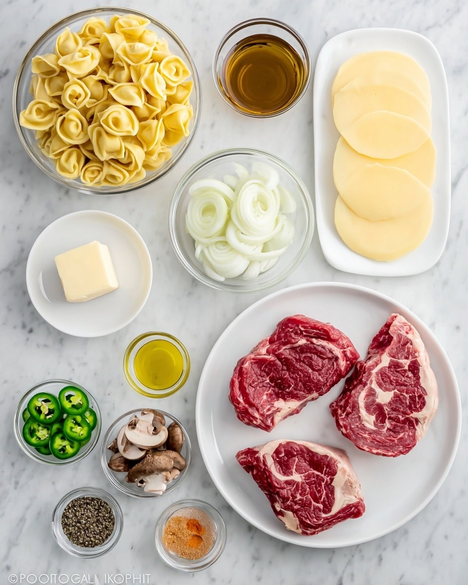 The image shows raw ingredients on a white marbled surface. At the bottom right, a white plate holds two thick cuts of red meat with white marbling. Above that plate, a small white bowl contains a piston-sized cube of butter. On the left side, a clear bowl is filled with uncooked yellow tortellini pasta. Next to it, a smaller clear bowl has thin white onion rings. Above this, a glass with brown liquid is placed beside a small white bowl filled with yellow olive oil. To the right of the oil, a white plate holds seven round slices of pale yellow cheese, slightly overlapping each other. Around the plates and bowls, four small clear bowls contain different ingredients: green sliced jalapeño peppers, brown sliced mushrooms, minced garlic, and light orange powder. There is also a small clear bowl with black pepper, and a white bowl with coarse salt near the bottom. The whole scene is clean and bright. photo taken with an iphone --ar 4:5 --v 7