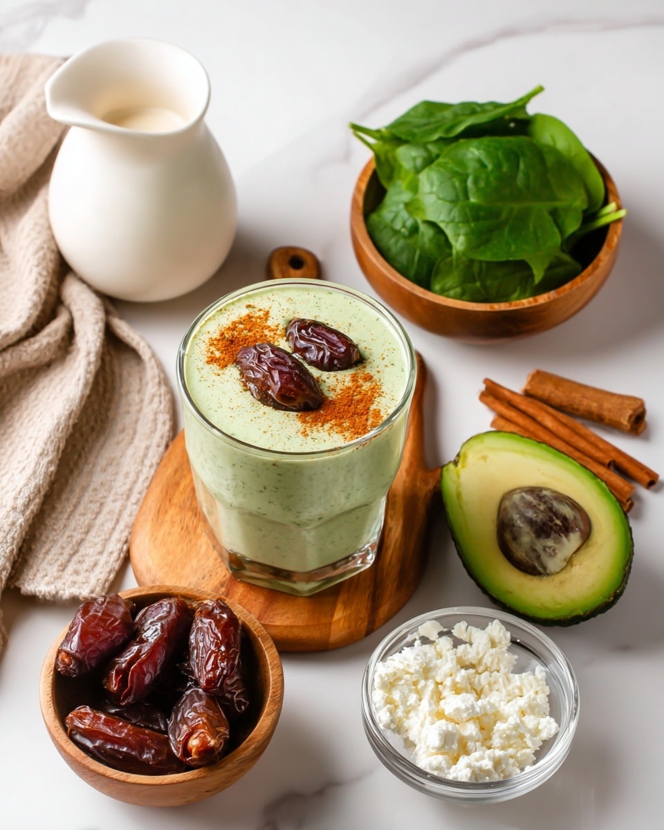 A glass filled with a thick, light green smoothie topped with two dark brown dates and a sprinkle of orange powder sits on a small wooden board placed on a white marbled surface. Around the smoothie are layers of ingredients: at the top right, two halves of a bright green avocado with the pit in one half; cinnamon sticks nearby; a bowl of fresh, deep green spinach leaves; a small glass bowl filled with white cottage cheese at the bottom right; a wooden bowl full of dark brown dates; a white pitcher with a beige creamy drink inside on the left side, resting partly on a beige cloth. Photo taken with an iphone --ar 4:5 --v 7
