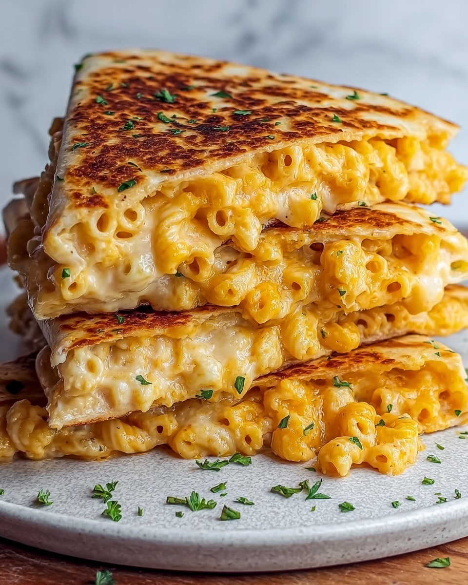 The image shows a stack of four triangular quesadillas filled with creamy macaroni and cheese. Each quesadilla has two thin, golden-brown crispy layers with a slightly spotted texture on the outside. Between these layers, there is a thick, gooey filling of cooked elbow macaroni coated in white and light orange melted cheese, which spills out slightly at the edges. Some small bits of chopped green herbs are sprinkled on and around the quesadillas on a white ceramic plate that sits on a white marbled surface. The photo is taken with an iphone --ar 4:5 --v 7