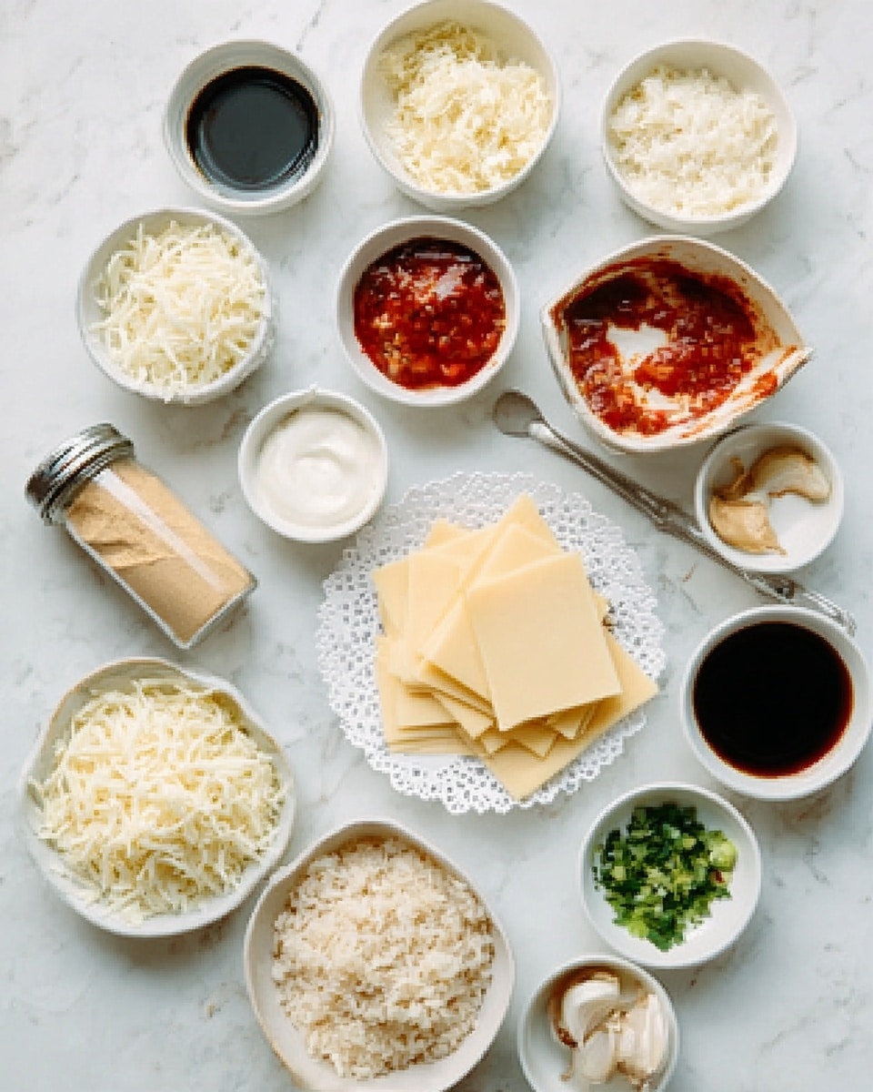 The image shows many small white bowls and containers placed on a white marbled surface, each holding different ingredients for cooking. There are pale yellow square slices of cheese stacked in the center on a white lace plate. Nearby, one bowl has shredded white cheese, another has a fluffy white creamy ingredient, and another holds a red sauce with visible herbs. Other bowls contain light brown rice, thick white cream, dark soy sauce, minced garlic, green chopped herbs, and a jar of beige powder. A woman's hand is placed near some of the ingredients, holding a utensil. The colors range from white, beige, and yellow to red, green, and dark brown, arranged neatly. Photo taken with an iphone --ar 4:5 --v 7