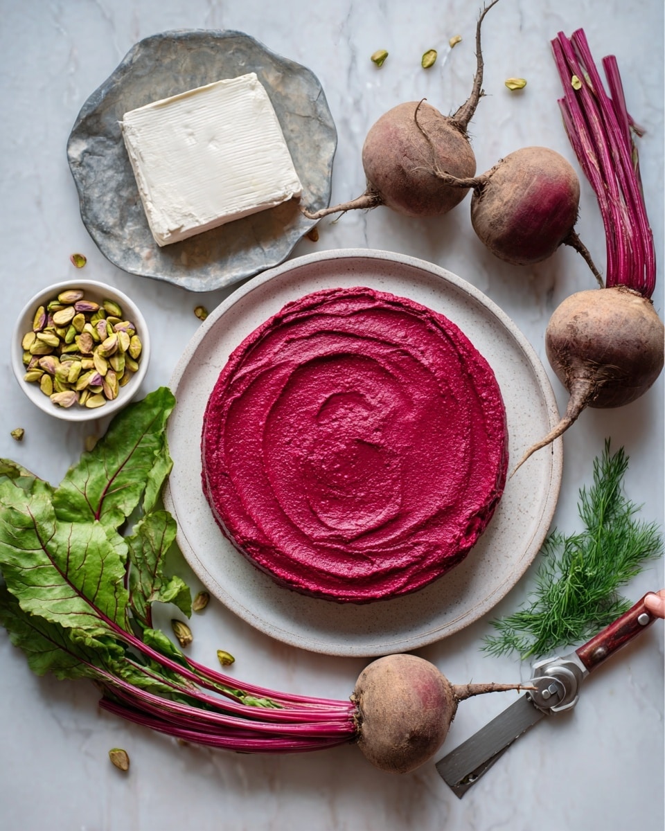 The image shows a round white plate with a deep pink-red creamy spread evenly covering the entire surface in one thick layer. Around the plate, there are three whole raw beetroots with green stems, a small bunch of fresh dill, a small pile of pistachios, green beet leaves, a block of white cheese in a white bowl, and a cheese slicer and knife crossed on a white marbled surface. A woman's hand is holding part of the beet leaves near the bottom left corner of the image. photo taken with an iphone --ar 4:5 --v 7