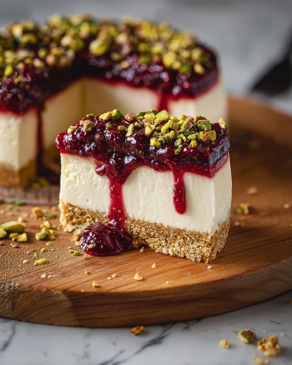 The image shows a slice of cheesecake on a round wooden board. The cheesecake has three layers: a thick bottom layer of crumbly light brown crust, a thick middle layer of smooth white cream cheese, and a top layer of dark red jam that is thick and glossy, dripping slightly down the sides. The jam is sprinkled with chopped green pistachios. Behind the slice, the rest of the cheesecake is visible, with the same layered details and pistachio topping. The wooden board has small bits of pistachios and crumbs around the cheesecake on a white marbled surface. Photo taken with an iphone --ar 4:5 --v 7