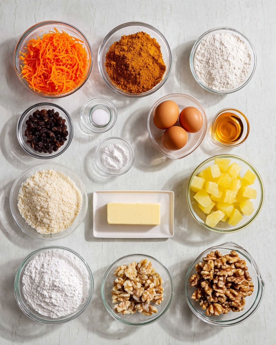 The image shows many clear glass bowls and a white rectangular dish arranged neatly on a white marbled surface. Each bowl contains different baking ingredients: bright orange shredded carrots, dark brown raisins, light brown brown sugar, white flour, and white powdered sugar. There are also golden yellow crushed pineapple and pale yellow butter cubes in smaller bowls. Two brown eggs are placed in a bowl, and a white rectangular dish holds a stick of pale yellow butter. Other smaller bowls contain white salt, a warm brown spice (cinnamon), white baking soda, and vanilla extract. A bowl of chopped walnuts adds texture with their tan and brown tones. All containers and ingredients look fresh and put in order. photo taken with an iphone --ar 4:5 --v 7