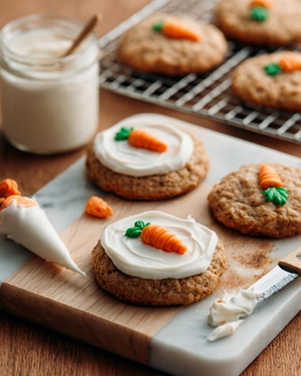 The image shows four small round carrot cake cookies on a light brown wooden board, each topped with a smooth layer of white frosting and a small decoration of orange carrots with green leaves made from icing in the center of the frosting. To the upper left, there is a metal cooling rack with two plain cookies without frosting, and to the right, a clear glass bowl filled with white frosting is placed on the white marbled surface. A white frosting piping bag with a small orange carrot tip lies on the marbled surface in the lower left corner. The scene has warm natural lighting and a cozy feel, photo taken with an iphone --ar 4:5 --v 7