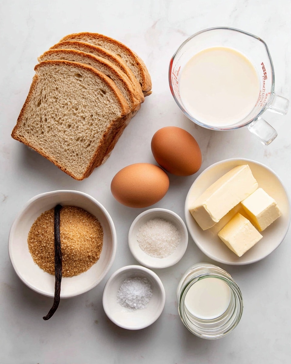 The image shows ingredients neatly arranged on a white marbled surface: four slices of white bread on the left, two brown eggs just above the center, a small bowl filled with light brown sugar slightly to the right, a vanilla bean pod lying horizontally below the sugar, a small bowl of white salt at the bottom left, a white ramekin with clear liquid next to the salt, two small glass containers with white milk on the top right, and a small white bowl with two chunks of butter at the bottom right. All items are clear and well spaced, emphasizing the simplicity and freshness of the ingredients. Photo taken with an iphone --ar 4:5 --v 7
