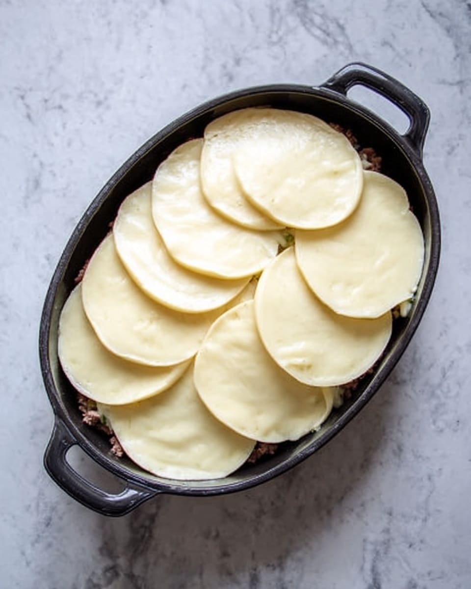 The image shows a black oval pan on a white marbled surface filled with cooked meat at the bottom, covered by six round, pale yellow cheese slices arranged to slightly overlap each other, evenly covering the meat in one layer. The cheese has a smooth texture and melts slightly at the edges. Photo taken with an iphone --ar 4:5 --v 7