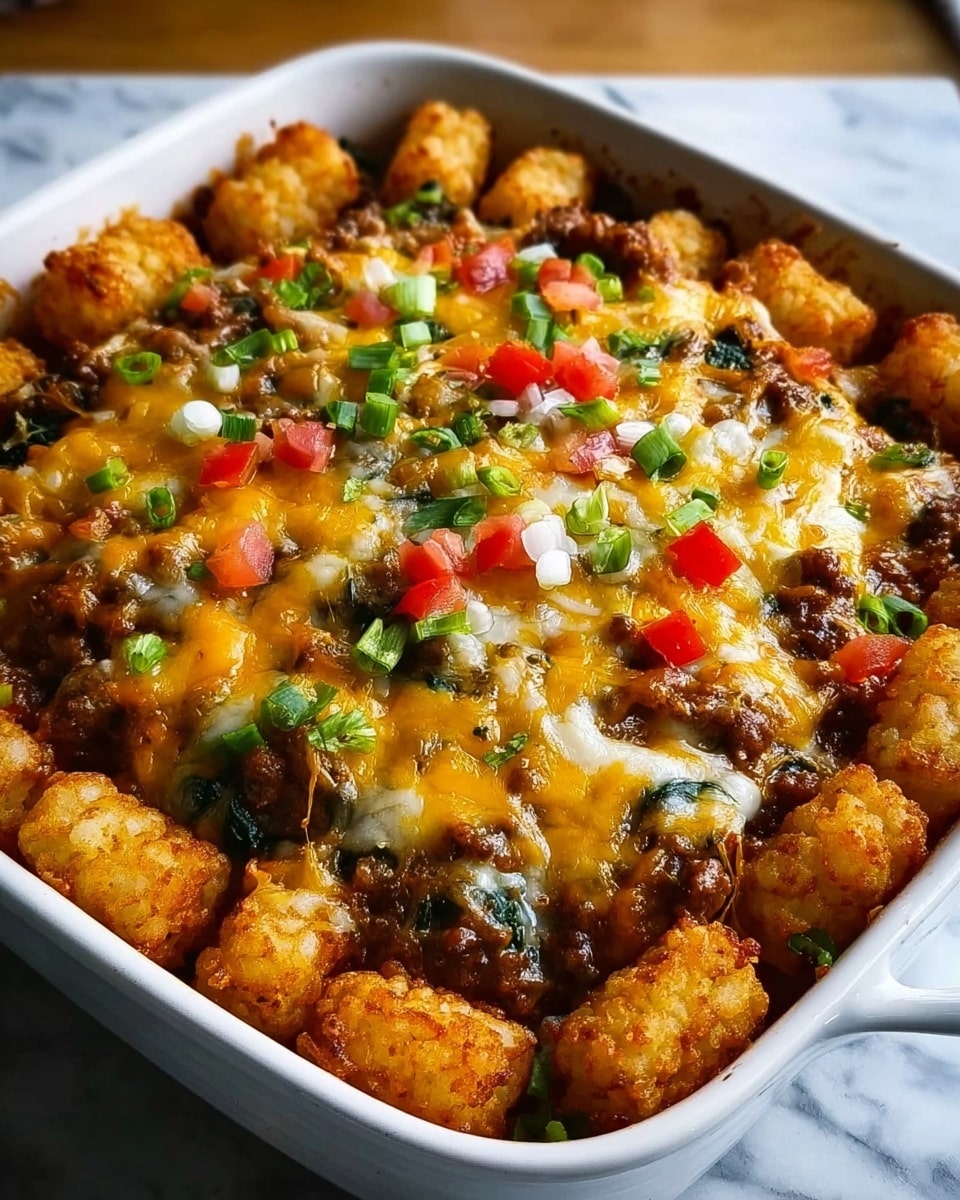 A white square baking dish filled with a layered tater tot casserole. The bottom layer consists of crispy, golden brown tater tots evenly spread. Above the tater tots is a layer of cooked ground beef mixed with chopped spinach, adding dark and green patches. Melted cheese covers the beef layer, smooth and creamy in yellow and white shades. Small pieces of bright red diced tomatoes and fresh green chopped scallions are sprinkled on top, adding color contrast. The edges show the slightly crispy tater tots peeking out. The dish sits on a white marbled surface with soft natural light. Photo taken with an iphone --ar 4:5 --v 7