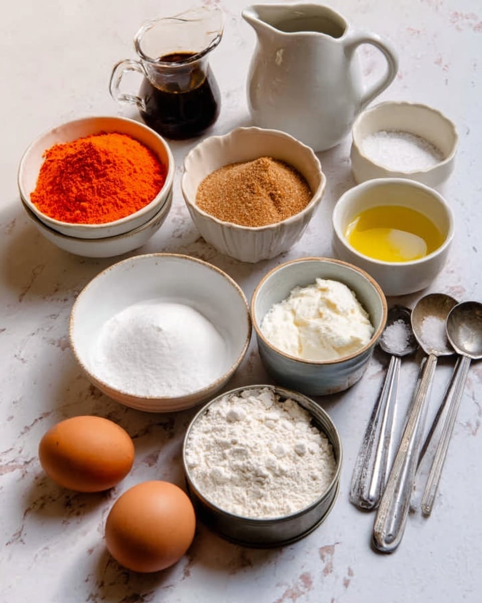 The image shows several small white bowls and cups arranged on a white marbled table. Each bowl contains different ingredients: one has bright orange powder, another light brown sugar, one with white sugar, one with a white creamy substance, and a separate small cup with salt. There is also a small white pitcher with a dark liquid inside, a small white bowl with yellow oil, and another white container with a lid in the background. In the front, two brown eggs rest on the table next to three measuring spoons and a metal tin with white flour inside. The scene looks bright and clean with everything neatly placed. photo taken with an iphone --ar 4:5 --v 7