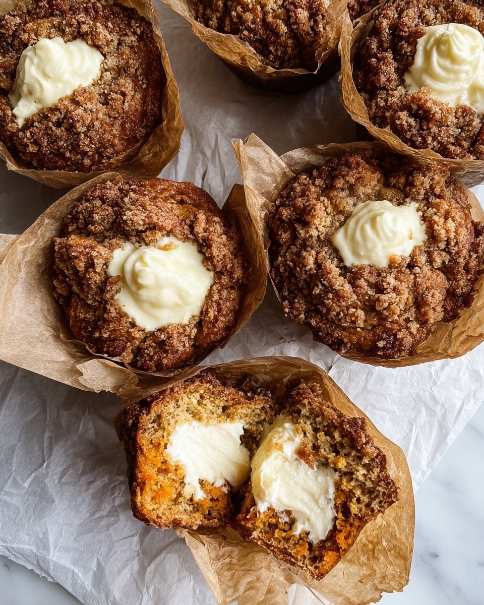 This image shows six muffins on white parchment paper on a white marbled surface. Five muffins are whole, wrapped in crinkled brown paper liners, with a crunchy brown crumb topping and a small swirl of white cream in the center. One muffin is split open in the front, revealing a moist, orange-speckled interior with a thick, creamy white filling that looks smooth and soft. The muffins have a textured, golden-brown crust with rough crumbs on top, and the paper liners peek out irregularly around their bases. photo taken with an iphone --ar 4:5 --v 7