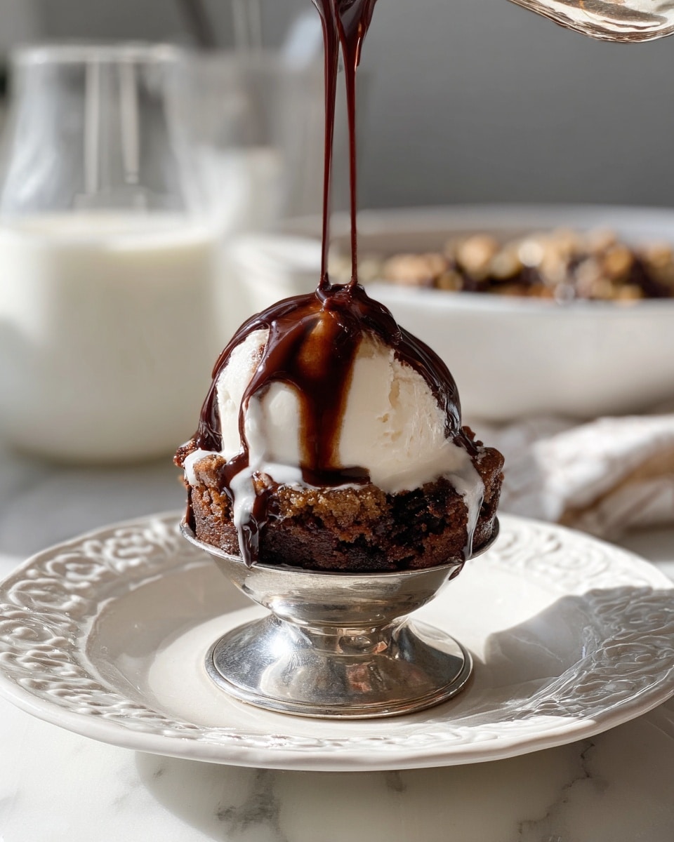 A small silver dessert cup sits centered on a white plate with a raised floral pattern, placed on a white marbled surface. Inside the cup, there is one rough-textured dark brown cake layer visible, topped with a smooth, creamy white scoop of ice cream. Warm, thick dark chocolate sauce is being poured over the ice cream from above, creating shiny streaks running down the sides of the scoop and cake. In the blurred background, there is a glass of milk and a white bowl with more dessert visible, all softly lit by natural light. Photo taken with an iphone --ar 4:5 --v 7