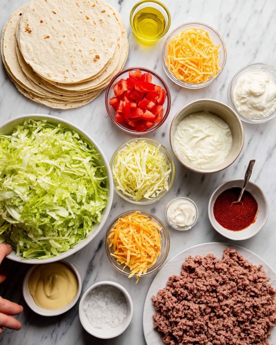 The image shows a white marbled surface with various ingredients neatly arranged. There is a white bowl filled with shredded green lettuce near the center. Around it, there are small clear bowls containing red diced tomatoes, bright yellow shredded cheese, creamy white sour cream, and golden yellow sauce. A white bowl with a deep red spice powder is also present. To the side, there are several white round tortilla shells stacked, and a pile of uncooked ground meat on a white plate. A white container with a small amount of oil is nearby. A woman's hand is seen reaching towards the ingredients. Photo taken with an iphone --ar 4:5 --v 7