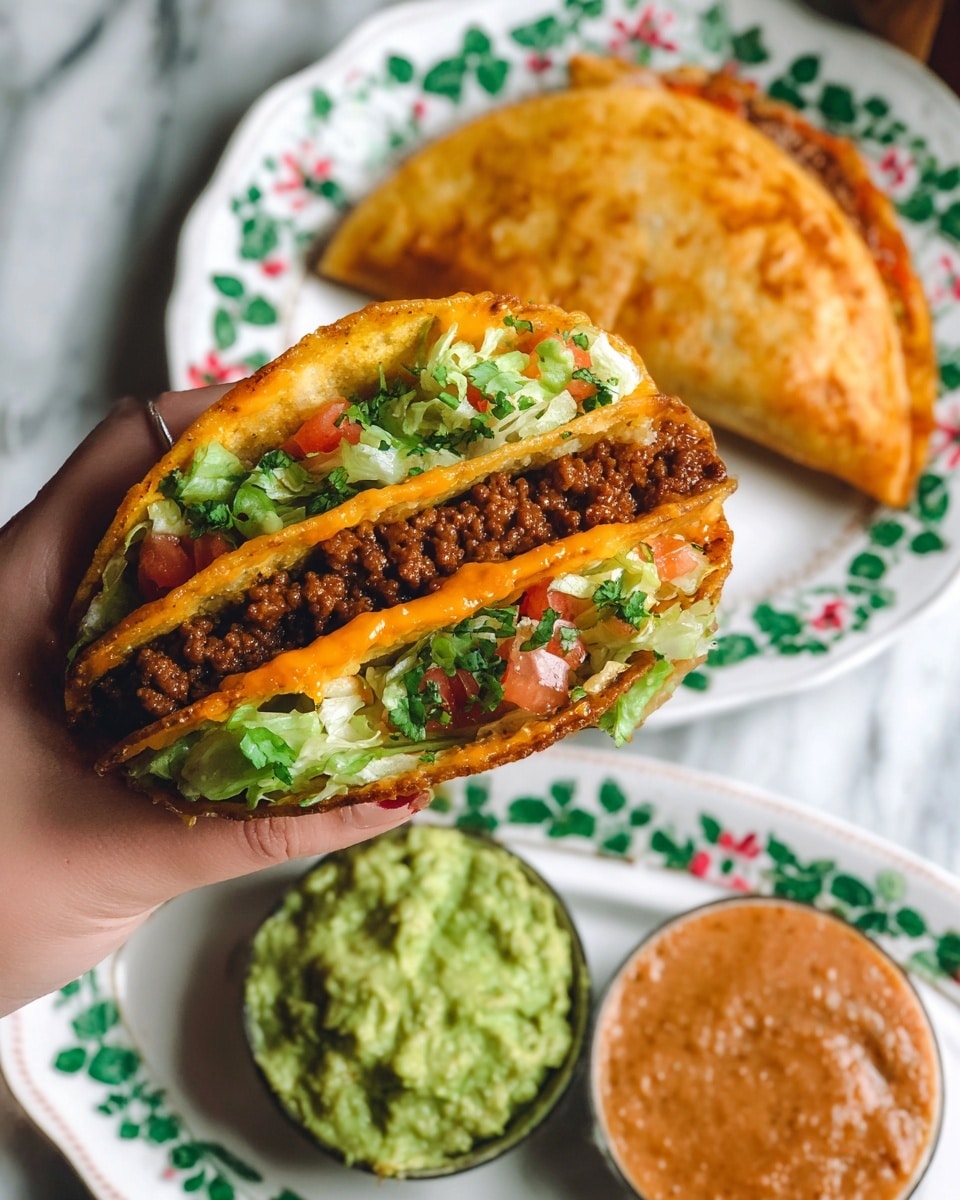 A woman’s hand is holding a folded taco with three visible layers inside: the top and bottom layers show fresh green lettuce with small pieces of red tomato, the middle layer has cooked ground meat mixed with melted orange cheese, and fresh green herbs are sprinkled on top. The taco shell is golden brown and slightly crispy. In the background, a folded, golden brown folded quesadilla sits on a white plate with green floral patterns on a white marbled surface. Below, on a white plate, there are two small bowls: one filled with bright green guacamole and the other with a creamy reddish-brown sauce. Photo taken with an iphone --ar 4:5 --v 7