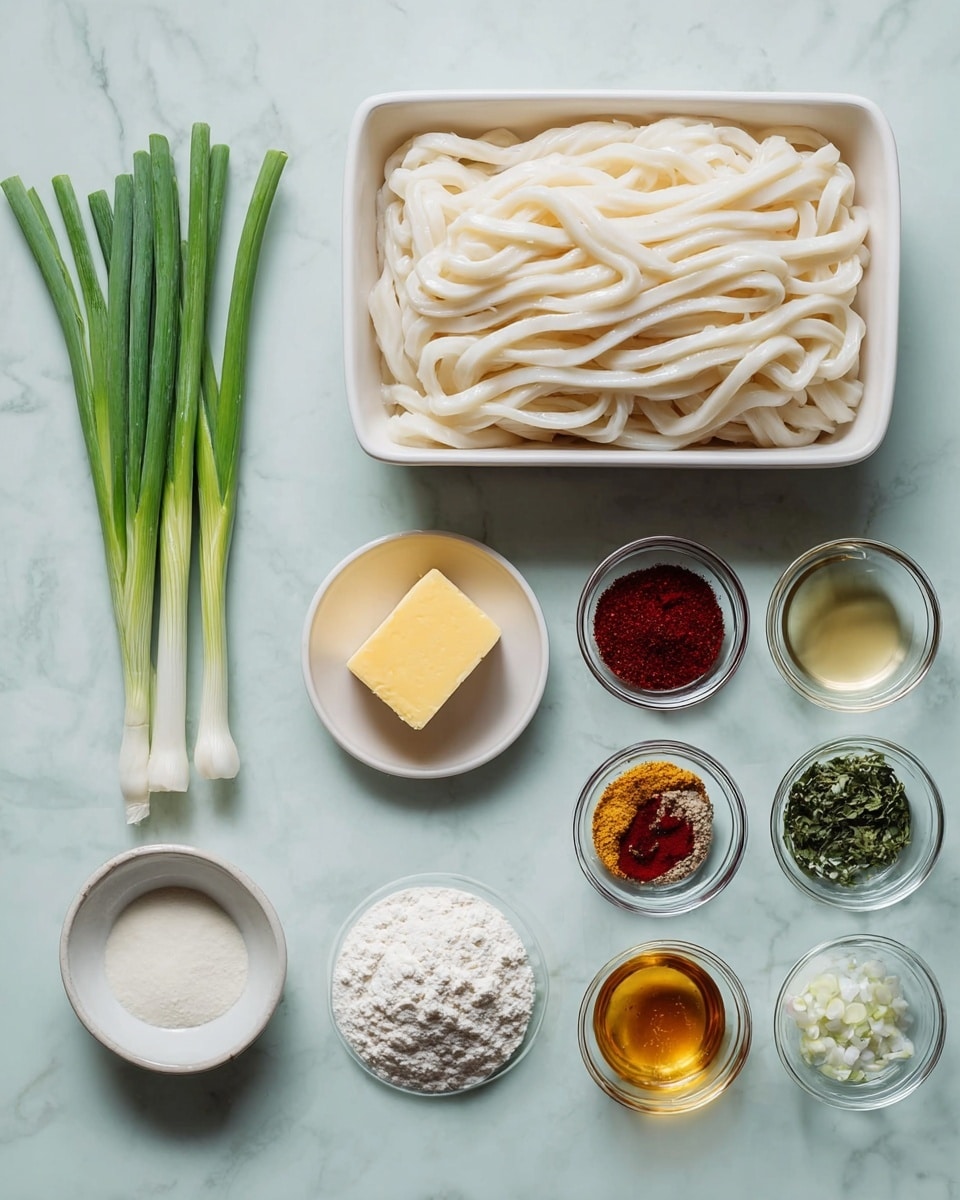 The image shows ingredients laid out on a white marbled surface with a focus on a rectangular white dish full of thick white udon noodles placed at the top center. To the left of the noodles, there are three fresh green onions with long green stalks lying flat. Below the noodles, there is a small round bowl of white flour and next to it a small white bowl holding a square of light yellow butter. On the right side, there are eight small glass bowls arranged in two vertical columns. These bowls contain various ingredients including golden brown honey, minced garlic, white granulated sugar, red chili flakes, a dark red paste, yellow curry powder, green dried herbs, and water. The colors contrast well with the clean white background. photo taken with an iphone --ar 4:5 --v 7
