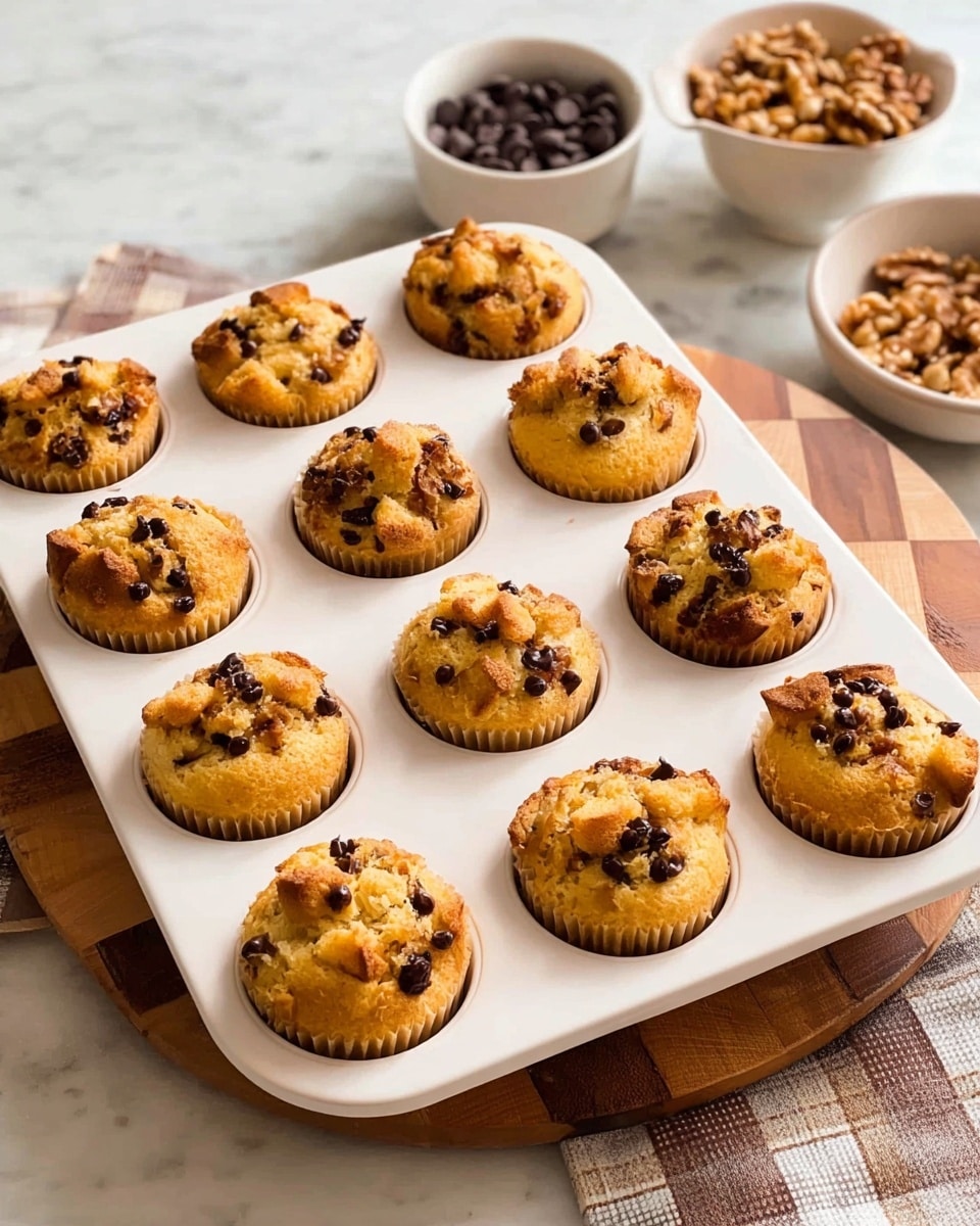 A white muffin tray holds twelve muffins, each muffin made of golden brown bread pieces mixed with small dark chocolate chips scattered inside and on top. The muffins have a rough, chunky texture with visible soft bread cubes and chocolate chips embedded throughout. The light shines on the muffin tops, highlighting their slightly shiny and crispy surface. In the background, there are two white bowls; one filled with dark chocolate chips and the other with walnut pieces. The tray is resting on a white marbled surface, and a wooden board with a checkered pattern is partially visible underneath the tray. photo taken with an iphone --ar 4:5 --v 7