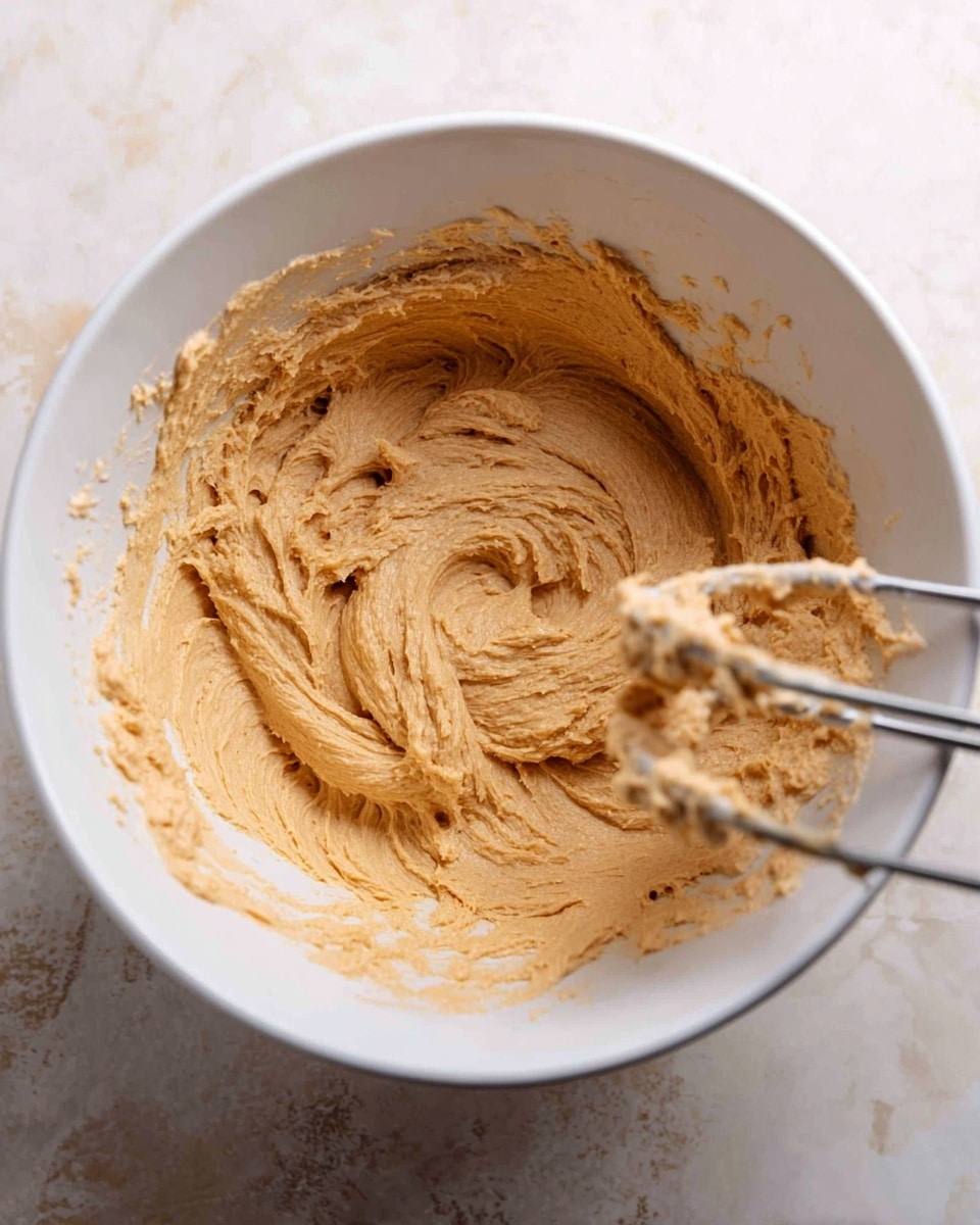 A close-up view of a white mixing bowl filled with a thick, light brown batter that has a creamy, textured surface with swirls showing it was recently mixed. The batter fills most of the bowl, with some traces stuck to the sides. In the foreground, slightly out of focus, two metallic beaters hold clumps of the same batter. The bowl rests on a white marbled surface. photo taken with an iphone --ar 4:5 --v 7