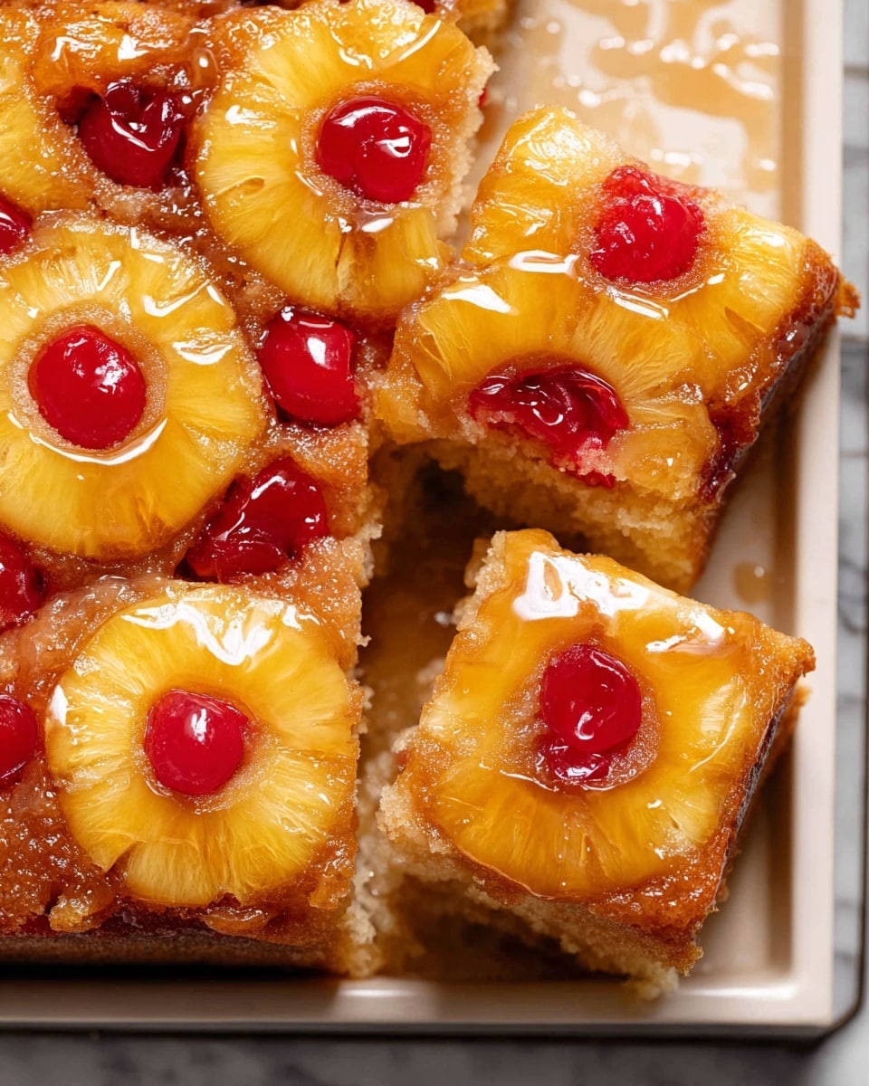 This image shows a close-up of a sticky upside-down cake with six square pieces, each topped with a golden yellow pineapple ring and a bright red cherry in the center. The pineapples and cherries are glossy with a shiny glaze that drips slightly over the edges. Underneath, the cake looks soft and light brown, with a slightly textured surface. The cake is in a white baking pan, placed on a white marbled surface, with some glaze spilled around the edges. One piece is slightly pulled out, revealing a light and fluffy inside. photo taken with an iphone --ar 4:5 --v 7