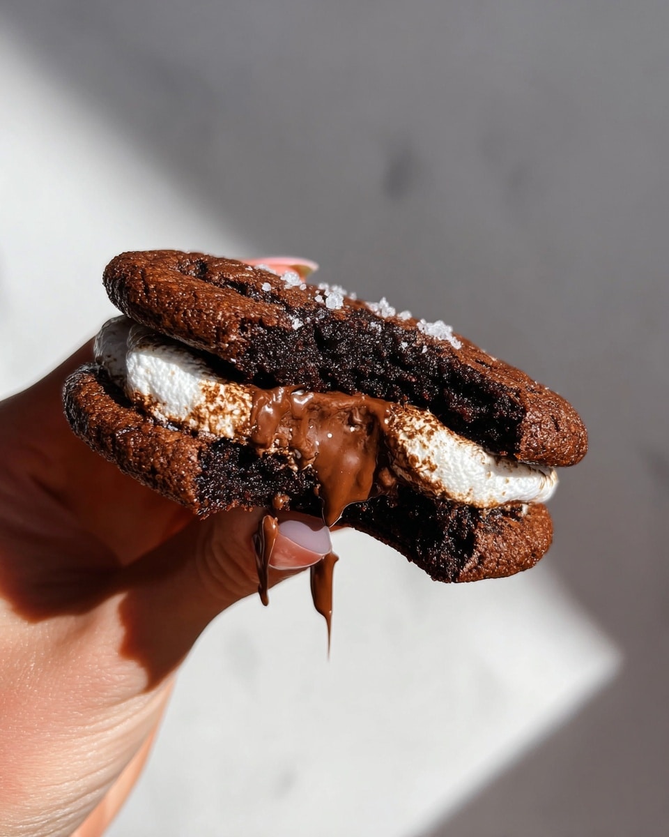 A woman's hand with light skin and long nails is holding a freshly broken dark chocolate cookie sandwich with three visible layers: a chewy dark brown chocolate cookie on top with a slightly rough texture and a few flakes of coarse salt, middle layers of soft white marshmallow and melted milk chocolate dripping slightly, and a light brown cookie base. The background is a clean white marbled texture with soft natural light casting shadows. Photo taken with an iphone --ar 4:5 --v 7