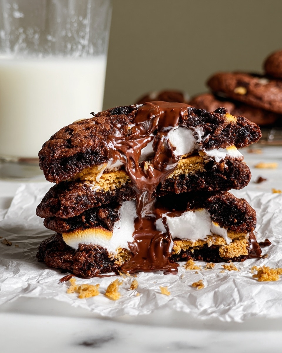 A close-up of a thick s'mores cookie broken in half, showing three layers: dark brown chocolate cookie on the top and bottom with a rough texture, two golden crispy graham cracker layers inside, and soft, melted white marshmallow with glossy, melted milk chocolate oozing out in the middle. The cookie sits on crinkled white parchment paper over a white marbled surface. In the background, there is a clear glass of milk with visible condensation. Photo taken with an iphone --ar 4:5 --v 7
