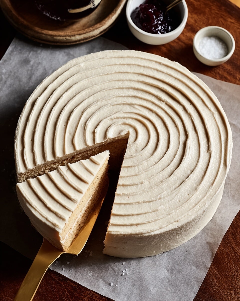 A round cake with one slice being lifted by a gold cake server is shown. The cake has one visible layer of light brown inside with a thick, smooth, off-white frosting on top, decorated with concentric circular ridges in the same frosting. The cake sits on white parchment paper on a dark surface, with parts of a small white bowl of dark jam and a small dish of white salt visible nearby, all placed on a wooden table. The photo taken with an iphone --ar 4:5 --v 7